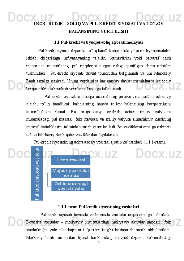  
I BOB   BUDJET-SOLIQ VA PUL-KREDIT SIYOSATI VA TO’LOV       
BALANSINING YURITILISHI 
1.1 Pul-kredit va byudjet-soliq siyosati mohiyati 
           Pul-kredit siyosati deganda, to’liq bandlik sharoitida yalpi milliy mahsulotni
ishlab   chiqarishga   inflyatsiyaning   ta’sirini   kamaytirish   yoki   bartaraf   etish
maqsadida   muomiladagi   pul   miqdorini   o’zgartirishga   qaratilgan   chora-tadbirlar
tushuniladi.     Pul-kredit   siyosati   davlat   tomonidan   belgilanadi   va   uni   Markaziy
Bank  amalga   oshiradi.  Uning  yordamida   har  qanday   davlat   mamlakatda  iqtisodiy
barqarorlikni ta’minlash vazifasini hayotga tatbiq etadi.  
                      Pul-kredit   siyosatini   amalga   oshirishning   pirovard   maqsadlari   iqtisodiy
o’sish,   to’liq   bandlikni,   baholarning   hamda   to’lov   balansining   barqarorligini
ta’minlashdan   iborat.   Bu   maqsadlarga   erishish   uchun   milliy   valyutani
muomaladagi   pul   massasi,   foiz   stavkasi   va   milliy   valyuta   almashinuv   kursining
optimal kattaliklarini ta’minlab turish zarur bo’ladi. Bu vazifalarni amalga oshirish
uchun Markaziy Bank qator vazifalardan foydalanadi. 
       Pul-kredit siyosatining uchta asosiy vositasi ajratib ko’rsatiladi:(1.1.1-rasm). 
 
1.1.1-rasm Pul-kredit siyosatining vositalari 
                 
        Pul-kredit siyosati  bevosita va bilvosita vositalar orqali amalga oshiriladi.
Bevosita   vositalar   –   moliyaviy   institutlardagi   moliyaviy   aktivlar   narxlari   (foiz
stavkalari)ni   yoki   ular   hajmini   to’g’ridan-to’g’ri   boshqarish   orqali   olib   boriladi.
Markaziy   bank   tomonidan   tijorat   banklaridagi   mavjud   depozit   ko’rinishidagi
6  
  