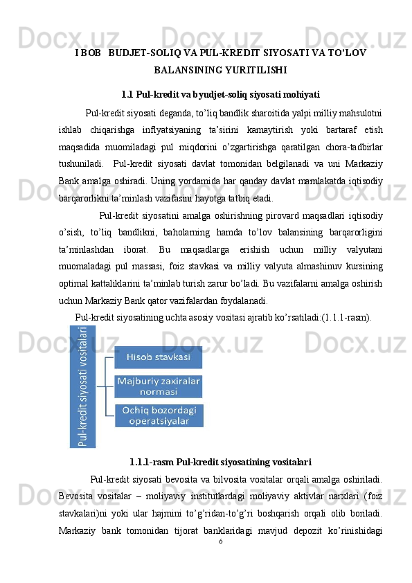 I BOB   BUDJET-SOLIQ VA PUL-KREDIT SIYOSATI VA TO’LOV       
BALANSINING YURITILISHI 
1.1 Pul-kredit va byudjet-soliq siyosati mohiyati 
           Pul-kredit siyosati deganda, to’liq bandlik sharoitida yalpi milliy mahsulotni
ishlab   chiqarishga   inflyatsiyaning   ta’sirini   kamaytirish   yoki   bartaraf   etish
maqsadida   muomiladagi   pul   miqdorini   o’zgartirishga   qaratilgan   chora-tadbirlar
tushuniladi.     Pul-kredit   siyosati   davlat   tomonidan   belgilanadi   va   uni   Markaziy
Bank  amalga   oshiradi.  Uning  yordamida   har  qanday   davlat   mamlakatda  iqtisodiy
barqarorlikni ta’minlash vazifasini hayotga tatbiq etadi.  
                      Pul-kredit   siyosatini   amalga   oshirishning   pirovard   maqsadlari   iqtisodiy
o’sish,   to’liq   bandlikni,   baholarning   hamda   to’lov   balansining   barqarorligini
ta’minlashdan   iborat.   Bu   maqsadlarga   erishish   uchun   milliy   valyutani
muomaladagi   pul   massasi,   foiz   stavkasi   va   milliy   valyuta   almashinuv   kursining
optimal kattaliklarini ta’minlab turish zarur bo’ladi. Bu vazifalarni amalga oshirish
uchun Markaziy Bank qator vazifalardan foydalanadi. 
       Pul-kredit siyosatining uchta asosiy vositasi ajratib ko’rsatiladi:(1.1.1-rasm). 
 
1.1.1-rasm Pul-kredit siyosatining vositalari 
                 
        Pul-kredit siyosati  bevosita va bilvosita vositalar orqali amalga oshiriladi.
Bevosita   vositalar   –   moliyaviy   institutlardagi   moliyaviy   aktivlar   narxlari   (foiz
stavkalari)ni   yoki   ular   hajmini   to’g’ridan-to’g’ri   boshqarish   orqali   olib   boriladi.
Markaziy   bank   tomonidan   tijorat   banklaridagi   mavjud   depozit   ko’rinishidagi
6
