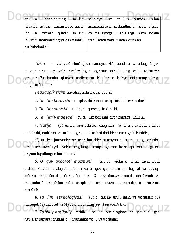 ta lim   beruvchining   ta lim 
oluvchi   ustidan   xukmronlik   quroli
bo lib   xizmat   qiladi:   ta lim
 
oluvchi faoliyatining yakuniy tahlili
va baholanishi baholaydi   va   ta lim   oluvchi   bilan	

hamkorlikdagi   mehnatlarini   tahlil   qiladi:
ko zlanayotgan   natijalarga   nima   uchun	

erishilmadi yoki qisman erishildi  
Tizim    	
 o zida yaxlit borliqlikni namoyon etib, bunda o zaro bog liq va	  
o zaro   harakat   qiluvchi   qismlarning   o zgarmas   tartibi   uning   ichki   tuzilmasini	
 
yaratadi.   Bu   harakat   qiluvchi   tuzilma   bo lib,   bunda   faoliyat   aniq   maqsadlarga	

bog liq bo ladi.	
 
Pe dagogik  t izim   quyidagi tarkiblardan iborat:
1.  Ta lim be ruvchi	
  -  o qituvchi, ishlab chiqarish ta limi  ustasi.	 
2.  Ta lim oluvchi	
  -  talaba, o quvchi, tinglovchi.	
3.  Ta limiy  maqsad	
    	 bu ta lim berishni biror narsaga intilishi.	
4.   Nat ija    	
 (1)   ushbu   davr   ichidan   chiqishda     ta lim   oluvchini   bilishi,	
uddalashi, qadrlashi zarur bo lgan, ta lim berishni biror narsaga kelishidir;	
 
(2)   ta lim   jarayonini   samarali   borishini   namoyon   qilib,   maqsadga   erishish	

darajasini   tavsiflaydi.   Natija   belgilangan   maqsadga   mos   kelsa,   qo ish   o rgatish	
 
jaryoni tugallangan hisoblanadi. 
5.   O quv   axborot i   mazmuni	
  	   fan   bo yicha   o qitish   mazmunini	 
tashkil   etuvchi,   adabiyot   matnlari   va   o quv   qo llanmalar,   lug at   va   boshqa	
  
axborot   manbalaridan   iborat   bo ladi.   O quv   dasturi   asosida   aniqlanadi   va	
 
maqsadni   belgilashdan   kelib   chiqib   ta lim   beruvchi   tomonidan   o zgartirish	
 
kiritiladi.
6.   Ta lim     t e xnologiy asi	
    	 (1)   o qitish-   usul,   shakl   va   vositalar;   (2)	
muloqot, (3) axborot va (4) boshqaruvning   yo l va vositalari.

7.   Tahliliy -nat ijaviy     tarkib     ta lim   texnologiyasi   bo yicha   olingan	
  
natijalar samaradorligini o lchashning yo l va vositalari.	
 
11 