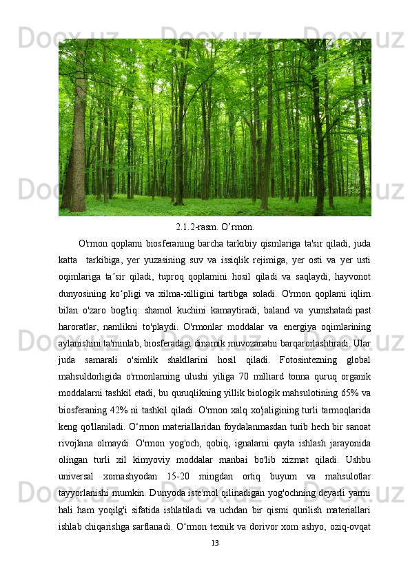 2.1.2-rasm. O’rmon.
O'rmon   qoplami   biosferaning   barcha   tarkibiy   qismlariga   ta'sir   qiladi,   juda
katta     tarkibiga,   yer   yuzasining   suv   va   issiqlik   rejimiga,   yer   osti   va   yer   usti
oqimlariga   ta sir   qiladi,   tuproq   qoplamini   hosil   qiladi   va   saqlaydi,   hayvonotʼ
dunyosining   ko pligi   va   xilma-xilligini   tartibga   soladi.   O'rmon   qoplami   iqlim	
ʻ
bilan   o'zaro   bog'liq:   shamol   kuchini   kamaytiradi,   baland   va   yumshatadi   past
haroratlar,   namlikni   to'playdi.   O'rmonlar   moddalar   va   energiya   oqimlarining
aylanishini ta'minlab, biosferadagi dinamik muvozanatni barqarorlashtiradi. Ular
juda   samarali   o'simlik   shakllarini   hosil   qiladi.   Fotosintezning   global
mahsuldorligida   o'rmonlarning   ulushi   yiliga   70   milliard   tonna   quruq   organik
moddalarni tashkil etadi, bu quruqlikning yillik biologik mahsulotining 65% va
biosferaning 42% ni tashkil qiladi. O'rmon xalq xo'jaligining turli tarmoqlarida
keng qo'llaniladi. O‘rmon materiallaridan foydalanmasdan turib hech bir sanoat
rivojlana   olmaydi.   O'rmon   yog'och,   qobiq,   ignalarni   qayta   ishlash   jarayonida
olingan   turli   xil   kimyoviy   moddalar   manbai   bo'lib   xizmat   qiladi.   Ushbu
universal   xomashyodan   15-20   mingdan   ortiq   buyum   va   mahsulotlar
tayyorlanishi mumkin. Dunyoda iste'mol qilinadigan yog'ochning deyarli yarmi
hali   ham   yoqilg'i   sifatida   ishlatiladi   va   uchdan   bir   qismi   qurilish   materiallari
ishlab chiqarishga sarflanadi. O rmon texnik va dorivor xom ashyo, oziq-ovqat	
ʻ
13 