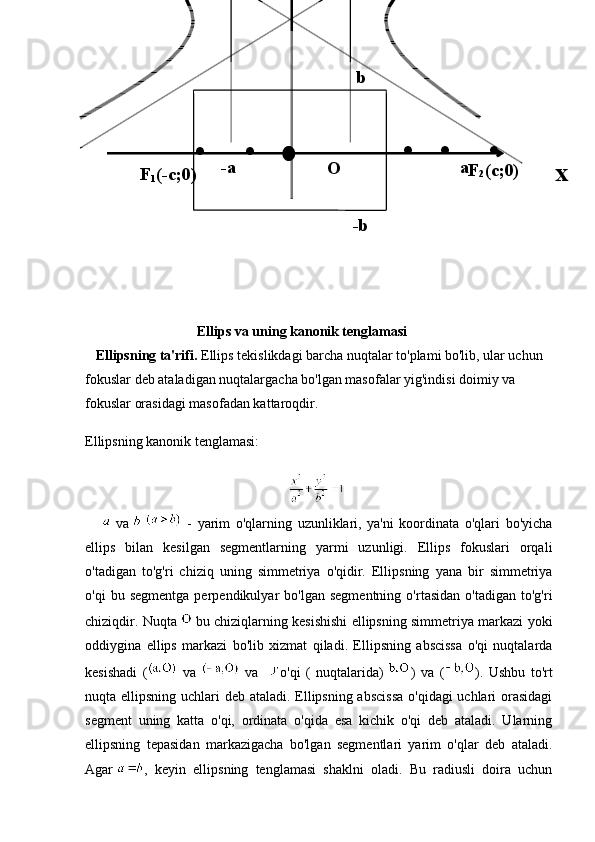                                 Ellips va uning kanonik tenglamasi
   Ellipsning ta'rifi.   Ellips tekislikdagi barcha nuqtalar to'plami bo'lib, ular uchun 
fokuslar deb ataladigan nuqtalargacha bo'lgan masofalar yig'indisi doimiy va 
fokuslar orasidagi masofadan kattaroqdir.
Ellipsning kanonik tenglamasi: 
                                                          
        va       -   yarim   o'qlarning   uzunliklari,   ya'ni   koordinata   o'qlari   bo'yicha
ellips   bilan   kesilgan   segmentlarning   yarmi   uzunligi.   Ellips   fokuslari   orqali
o'tadigan   to'g'ri   chiziq   uning   simmetriya   o'qidir.   Ellipsning   yana   bir   simmetriya
o'qi   bu   segmentga   perpendikulyar   bo'lgan   segmentning   o'rtasidan   o'tadigan   to'g'ri
chiziqdir. Nuqta     bu chiziqlarning kesishishi ellipsning simmetriya markazi yoki
oddiygina   ellips   markazi   bo'lib   xizmat   qiladi.   Ellipsning   abscissa   o'qi   nuqtalarda
kesishadi   (   va     va     o'qi   (   nuqtalarida)   )   va   ( ).   Ushbu   to'rt
nuqta ellipsning uchlari deb ataladi. Ellipsning abscissa  o'qidagi  uchlari orasidagi
segment   uning   katta   o'qi,   ordinata   o'qida   esa   kichik   o'qi   deb   ataladi.   Ularning
ellipsning   tepasidan   markazigacha   bo'lgan   segmentlari   yarim   o'qlar   deb   ataladi.
Agar   ,   keyin   ellipsning   tenglamasi   shaklni   oladi.   Bu   radiusli   doira   uchun b
-bO
xa-a . . . .
. .
F
2 (c;0)
F
1 (-c;0) 