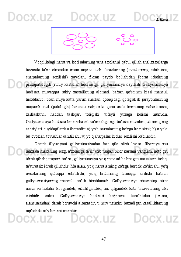 8-ilova
Voqelikdagi narsa va hodisalarning tana a'zolarini qabul qilish analizatorlarga
bevosita   ta'sir   etmasdan   inson   ongida   turli   obrazlarning   (ovozlarning   eshitilishi,
sharpalarning   sezilishi)   xayolan,   fikran   paydo   bo'lishidan   iborat   idrokning
psixopatalogik   (ruhiy   xastalik)   hodisasiga   gallyusinasiya   deyiladi.   Gallyusinasiya
hodisasi   muvaqqat   ruhiy   xastalikning   alomati,   ba'zan   qo'rqinch   hissi   mahsuli
hisoblanib,   bosh   miya   katta   yarim   sharlari   qobiqidagi   qo'zg'alish   jarayonlarining
nuqsonli   sust   (patologik)   harakati   natijasida   goho   asab   tizimining   zaharlanishi,
zaiflashuvi,   haddan   tashqari   toliqishi   tufayli   yuzaga   kelishi   mumkin.
Gallyusinasiya hodisasi bir necha xil ko'rinishga ega bo'lishi mumkin, ularning eng
asosiylari quyidagilardan iboratdir: a) yo'q narsalarning ko'zga ko'rinishi; b) u yoki
bu ovozlar, tovushlar eshitilishi; v) yo'q sharpalar, hidlar sezilishi kabilardir.
Odatda   illyuziyani   gallyusinasiyadan   farq   qila   olish   lozim.   Illyuziya   shu
lahzada shaxsning sezgi a'zolariga ta'sir etib turgan biror narsani yanglish, noto'g'ri
idrok qilish jarayoni bo'lsa, gallyusinasiya yo'q mavjud bo'lmagan narsalarni tashqi
ta'surotsiz idrok qilishdir. Masalan, yo'q narsalarning ko'zga bordek ko'rinishi, yo'q
ovozlarning   quloqqa   eshitilishi,   yo'q   hidlarning   dimoqqa   urilishi   kabilar
gallyusinasiyaning   mahsuli   bo'lib   hisoblanadi.   Gallyusinasiya   shaxsning   biror
narsa   va   holatni   ko'rgandek,   eshitilgandek,   his   qilgandek   kabi   tasavvurning   aks
etishidir   xolos.   Gallyusinasiya   hodisasi   ko'pincha   kasallikdan   (isitma,
alahsirashdan) darak beruvchi alomatdir, u nerv tizimini buzadigan kasalliklarning
oqibatida ro'y berishi mumkin.
47 