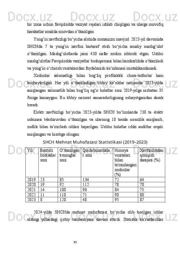 40bir   zona  uchun favqulodda  vaziyat  rejalari  ishlab  chiqilgan  va  ularga  muvofiq
harakatlar amalda sinovdan o‘tkazilgan.
Yong‘in xavfsizligi bo‘yicha alohida mexanizm mavjud. 2023-yil davomida
SHCHda   7   ta   yong‘in   xavfini   bartaraf   etish   bo‘yicha   amaliy   mashg‘ulot
o‘tkazilgan.   Mashg‘ulotlarda   jami   430   nafar   xodim   ishtirok   etgan.   Ushbu
mashg‘ulotlar Favqulodda vaziyatlar boshqarmasi bilan hamkorlikda o‘tkaziladi
va yong‘in o‘chirish vositalaridan foydalanish ko‘nikmasi mustahkamlanadi.
Xodimlar   salomatligi   bilan   bog‘liq   profilaktik   chora-tadbirlar   ham
kuchaytirilgan.   Har   yili   o‘tkaziladigan   tibbiy   ko‘riklar   natijasida   2023-yilda
aniqlangan   salomatlik   bilan   bog‘liq   og‘ir   holatlar   soni   2019-yilga   nisbatan   35
foizga   kamaygan.   Bu   tibbiy   nazorat   samaradorligining   oshayotganidan   darak
beradi.
Elektr   xavfsizligi   bo‘yicha   2023-yilda   SHCH   bo‘limlarida   230   ta   elektr
uskunasi   tekshiruvdan   o‘tkazilgan   va   ularning   18   tasida   nosozlik   aniqlanib,
zudlik   bilan   ta’mirlash   ishlari   bajarilgan.   Ushbu   holatlar   ichki   auditlar   orqali
aniqlangan va hisobga olingan.
SHCH Mehnat  Muhofazasi St at ist ik asi (2019–2023)
Yil Baxtsiz
hodisalar
soni O‘tkazilgan
treninglar
soni Qoidabuzarlikla
r soni Himoya
vositalari
bilan
ta'minlangan
xodimlar
(%) Xavfsizlikdan
qoniqish
darajasi (%)
20 19 23 85 134 72 64
202 0 19 92 112 78 70
202 1 14 100 96 84 75
202 2 11 110 71 90 80
202 3 8 120 48 95 87
2024-yilda   SHCHda   mehnat   muhofazasi   bo‘yicha   olib   borilgan   ishlar
oldingi   yillardagi   ijobiy   tendensiyani   davom   ettirdi.   Statistik   ko‘rsatkichlar 