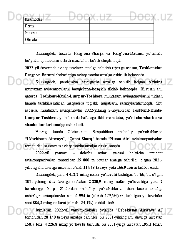 Krasnodar
Perm
Irkutsk
Olmata
 
Shuningdek,   hozirda   Farg‘ona - Sharja   va   Farg‘ona - Batumi   yo‘nalishi
bo‘yicha qatnovlarni ochish masalalari ko‘rib chiqilmoqda.
2022-yil   davomida aviaqatnovlarni amalga oshirish rejasiga asosan,   Toshkentdan
Praga va Batumi  shaharlariga aviaqatnovlar amalga oshirilib kelmoqda.
Shuningdek,   pandemiya   davrigacha   amalga   oshirib   kelgan   o‘zining
muntazam   aviaqatnovlarni   bosqichma-bosqich   tiklab   kelmoqda .   Xususan   shu
qatorda,   Toshkent-Kuala-Lumpur-Toshkent   muntazam   aviaqatnovlarini   tiklash
hamda   tashkillashtirish   maqsadida   tegishli   hujjatlarni   rasmiylashtirmoqda.   Shu
asosida,   muntazam   aviaqatnovlar   2022-yil ning   2-noyabridan   Toshkent-Kuala-
Lumpur-Toshkent   yo‘nalishida   haftasiga   ikki   marotaba,   ya’ni   chorshanba   va
shanba kunlari amalga oshiriladi.
Hozirgi   kunda   O‘zbekiston   Respublikasi   mahalliy   yo‘nalishlarida
“Uzbekistan Airways” ,   “Qanot Sharq”   hamda   “Humo Air”   aviakompaniyalari
tomonidan muntazam aviaqatnovlar amalga oshirilmoqda.
2022-yil   yanvar   –   dekabr   oylari   yakuni   bo‘yicha   rezident
aviakompaniyalari   tomonidan   29   800   ta   reyslar   amalga   oshirildi,   o‘tgan   2021-
yilning shu davriga nisbatan o‘sish  11   948 ta reys  yoki   166,9 foiz ni tashkil etadi.
Shuningdek, jami   4   412,2 ming nafar yo‘lovchi   tashilgan bo‘lib, bu o‘tgan
2021-yilning   shu   davriga   nisbatan   2   230,9   ming   nafar   yo‘lovchi ga   yoki   2
barobarga   ko‘p.   Shulardan   mahalliy   yo‘nalishlarda   shaharlararo   amalga
oshirilgan   aviaqatnovlar   soni   6   994   ta   (o‘sish   179,5%)   ni,   tashilgan   yo‘lovchilar
soni  884,3 ming nafar ni (o‘sish 184,1%) tashkil etadi.
Jumladan,   2022-yil   yanvar-dekabr   oylarida   “Uzbekistan   Airways”   AJ
tomonidan   28 140   ta   reys   amalga oshirildi, bu 2021-yilning shu davriga nisbatan
158,7   foiz ,   4   226,8   ming   yo‘lovchi   tashildi,   bu   2021-yilga   nisbatan   195,1   foiz ni
30