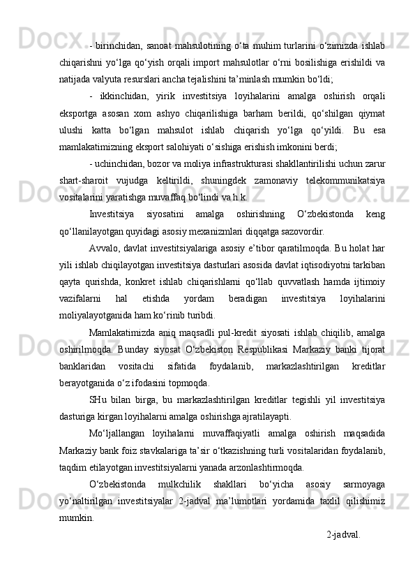 -   birinchidan,   sanoat   mahsulotining   o‘ta   muhim   turlarini   o‘zimizda   ishlab
chiqarishni  yo‘lga  qo‘yish  orqali  import  mahsulotlar   o‘rni  bosilishiga   erishildi   va
natijada valyuta resurslari ancha tejalishini ta’minlash mumkin bo‘ldi; 
-   ikkinchidan,   yirik   investitsiya   loyihalarini   amalga   oshirish   orqali
eksportga   asosan   xom   ashyo   chiqarilishiga   barham   berildi,   qo‘shilgan   qiymat
ulushi   katta   bo‘lgan   mahsulot   ishlab   chiqarish   yo‘lga   qo‘yildi.   Bu   esa
mamlakatimizning eksport salohiyati o‘sishiga erishish imkonini berdi; 
- uchinchidan, bozor va moliya infrastrukturasi shakllantirilishi uchun zarur
shart-sharoit   vujudga   keltirildi,   shuningdek   zamonaviy   telekommunikatsiya
vositalarini yaratishga muvaffaq bo‘lindi va h.k. 
Investitsiya   siyosatini   amalga   oshirishning   O‘zbekistonda   keng
qo‘llanilayotgan quyidagi asosiy mexanizmlari diqqatga sazovordir. 
Avvalo, davlat  investitsiyalariga asosiy e’tibor  qaratilmoqda. Bu holat  har
yili ishlab chiqilayotgan investitsiya dasturlari asosida davlat iqtisodiyotni tarkiban
qayta   qurishda,   konkret   ishlab   chiqarishlarni   qo‘llab   quvvatlash   hamda   ijtimoiy
vazifalarni   hal   etishda   yordam   beradigan   investitsiya   loyihalarini
moliyalayotganida ham ko‘rinib turibdi. 
Mamlakatimizda   aniq   maqsadli   pul-kredit   siyosati   ishlab   chiqilib,   amalga
oshirilmoqda.   Bunday   siyosat   O‘zbekiston   Respublikasi   Markaziy   banki   tijorat
banklaridan   vositachi   sifatida   foydalanib,   markazlashtirilgan   kreditlar
berayotganida o‘z ifodasini topmoqda.
SHu   bilan   birga,   bu   markazlashtirilgan   kreditlar   tegishli   yil   investitsiya
dasturiga kirgan loyihalarni amalga oshirishga ajratilayapti. 
Mo‘ljallangan   loyihalarni   muvaffaqiyatli   amalga   oshirish   maqsadida
Markaziy bank foiz stavkalariga ta’sir o‘tkazishning turli vositalaridan foydalanib,
taqdim etilayotgan investitsiyalarni yanada arzonlashtirmoqda. 
O‘zbekistonda   mulkchilik   shakllari   bo‘yicha   asosiy   sarmoyaga
yo‘naltirilgan   investitsiyalar   2-jadval   ma’lumotlari   yordamida   taxlil   qilishimiz
mumkin. 
2-jadval.  