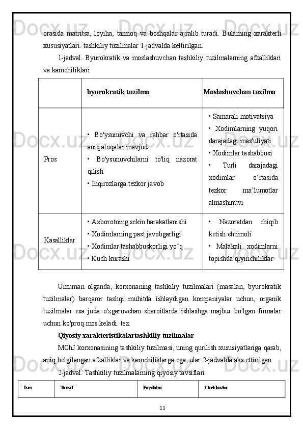orasida   matritsa,   loyiha,   tarmoq   va   boshqalar   ajralib   turadi.   Bularning   xarakterli
xususiyatlari. tashkiliy tuzilmalar 1-jadvalda keltirilgan.
1-jadval.   Byurokratik   va   moslashuvchan   tashkiliy   tuzilmalarning   afzalliklari
va kamchiliklari
byurokratik tuzilma Moslashuvchan tuzilma
Pros •   Bo'ysunuvchi   va   rahbar   o'rtasida
aniq aloqalar mavjud
•   Bo'ysunuvchilarni   to'liq   nazorat
qilish
• Inqirozlarga tezkor javob • Samarali motivatsiya
•   Xodimlarning   yuqori
darajadagi mas'uliyati
• Xodimlar tashabbusi
•   Turli   darajadagi
xodimlar   o rtasidaʻ
tezkor   ma lumotlar	
ʼ
almashinuvi
Kasalliklar • Axborotning sekin harakatlanishi
• Xodimlarning past javobgarligi
• Xodimlar tashabbuskorligi yo q	
ʻ
• Kuch kurashi •   Nazoratdan   chiqib
ketish ehtimoli
•   Malakali   xodimlarni
topishda qiyinchiliklar
Umuman   olganda,   korxonaning   tashkiliy   tuzilmalari   (masalan,   byurokratik
tuzilmalar)   barqaror   tashqi   muhitda   ishlaydigan   kompaniyalar   uchun,   organik
tuzilmalar   esa   juda   o'zgaruvchan   sharoitlarda   ishlashga   majbur   bo'lgan   firmalar
uchun ko'proq mos keladi. tez.
Qiyosiy xarakteristikalartashkiliy tuzilmalar
MChJ korxonasining tashkiliy tuzilmasi, uning qurilish xususiyatlariga qarab,
aniq belgilangan afzalliklar va kamchiliklarga ega, ular 2-jadvalda aks ettirilgan.
2-jadval. Tashkiliy tuzilmalarning qiyosiy tavsiflari
Ism Tavsif Foydalar Cheklovlar
11 
