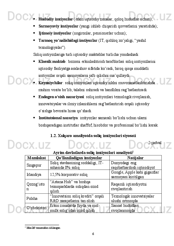  Hududiy   imtiyozlar  ( erkin   iqtisodiy   zonalar ,  qoloq   hududlar   uchun );
 Sarmoyaviy   imtiyozlar  ( yangi   ishlab   chiqarish   quvvatlarini   yaratishda );
 Ijtimoiy imtiyozlar  (nogironlar, pensionerlar uchun);
 Tarmoq yo‘nalishidagi imtiyozlar  (IT, qishloq xo‘jaligi, “yashil 
texnologiyalar”).
Soliq imtiyozlariga turli iqtisodiy maktablar turlicha yondashadi:
 Klassik maktab : bozorni erkinlashtirish tarafdorlari soliq imtiyozlarini 
iqtisodiy faoliyatga aralashuv sifatida ko‘radi, biroq qisqa muddatli 
imtiyozlar orqali sarmoyalarni jalb qilishni ma’qullaydi.
 Keynsiychilar : soliq imtiyozlari iqtisodiy siklni muvozanatlashtirishda 
muhim vosita bo‘lib, talabni oshiradi va bandlikni rag‘batlantiradi.
 Endogen o‘sish nazariyasi : soliq imtiyozlari texnologik rivojlanish, 
innovatsiyalar va ilmiy izlanishlarni rag‘batlantirish orqali iqtisodiy 
o‘sishga bevosita hissa qo‘shadi.
 Institutsional nazariya : imtiyozlar samarali bo‘lishi uchun ularni 
boshqaradigan institutlar shaffof, hisobdor va professional bo‘lishi kerak.
1.2. Xalqaro amaliyotda soliq imtiyozlari siyosati
2-jadval
Ayrim davlatlarda soliq imtiyozlari amaliyoti 2
Mamlakat Qo‘llaniladigan imtiyozlar Natijalar
Singapur Soliq stavkasining soddaligi, IT-
sohasida 0% soliq Dunyodagi eng 
raqobatbardosh iqtisodiyot
Irlandiya 12,5% korporativ soliq Google, Apple kabi gigantlar 
sarmoyasi kiritilgan
Qozog‘isto
n “Astana Hub” va boshqa 
texnoparklarda soliqdan ozod 
qilish Raqamli iqtisodiyotni 
rivojlantirish
Polsha “Innovatsion soliq krediti” orqali 
R&D xarajatlarini tan olish Texnologik innovatsiyalar 
ulushi ortmoqda
O‘zbekiston Erkin zonalarda foyda va mol-
mulk solig‘idan ozod qilish Sanoat hududlari 
rivojlanmoqda
2
 Muallif tomonidan ishlangan
6 