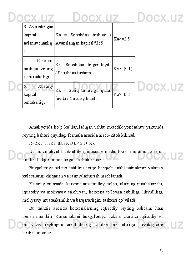 3.   Avanslangan
kapital
aylanuvchanlig
i Ka   =   Sotishdan   tushum   /
Avanslangan kapital*365 Ka>=2.5
4.   Korxona
boshqaruvining
samaradorligi Ks = Sotishdan olingan foyda
/ Sotishdan tushum Ks>=(r-1)
5.   Xususiy
kapital
rentabelligi Kk   =   Soliq   to`loviga   qadar
foyda / Xususiy kapital Ka>=0.2
Amaliyotida  ko`p   ko`llaniladigan  ushbu   metodik   yondashuv  yakunida
reyting bahosi quyidagi formula asosida hisob-kitob kilinadi. 
R=2Kt+0.1Kl+0.08Ka+0.45 s+ Kk
Ushbu   amaliyot   bankrotlikni,   iqtisodiy   nochorlikni   aniqlashda   xorijda
ko`llaniladigan modellarga o`xshab ketadi.
Buxgalteriya balansi tahlilini oxirgi bosqichi tahlil natijalarini yakuniy
xulosalarini chiqarish va rasmiylashtirish hisoblanadi.
Yakuniy xulosada, korxonalarni mulkiy holati, ularning manbalanishi,
iqtisodiy   va   moliyaviy   salohiyati,   korxona   to`lovga   qobilligi,   likvidliligi,
moliyaviy mustahkamlik va barqarorligini tashxisi qo`yiladi.
Bu   tashxis   asosida   korxonalarning   iqtisodiy   reyting   bahosini   ham
berish   mumkin.   Korxonalarni   buxgalteriya   balansi   asosida   iqtisodiy   va
moliyaviy   reytingini   aniqlashning   uslubiy   mezonlariga   quyidagilarni
kiritish mumkin:
48 