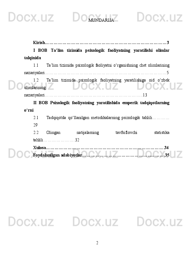MUNDARIJA
Kirish…………………………………………………………………………3
I   BOB   Ta’lim   tizimida   psixologik   faoliyatning   yaratilishi   olimlar
talqinida
1.1 Ta’lim  tizimida  psixologik faoliyatni   o‘rganishning  chet  olimlarining
nazariyalari…………………………………………………………………………5
1.2 Ta’lim   tizimida   psixologik   faoliyatning   yaratilishiga   oid   o‘zbek
olimlarining
nazariyalari…………………………………………………………..13
II   BOB   Psixologik   faoliyatning   yaratilishida   emperik   tadqiqotlarning
o‘rni
2.1 Tadqiqotda   qo‘llanilgan   metodikalarning   psixologik   tahlili…………
29
2.2 Olingan   natijalarning   tavfsiflovchi   statistika
tahlili………………….32
Xulosa……………………………………………………………………….34
Foydalanilgan adabiyotlar………………………………………...……….35
2