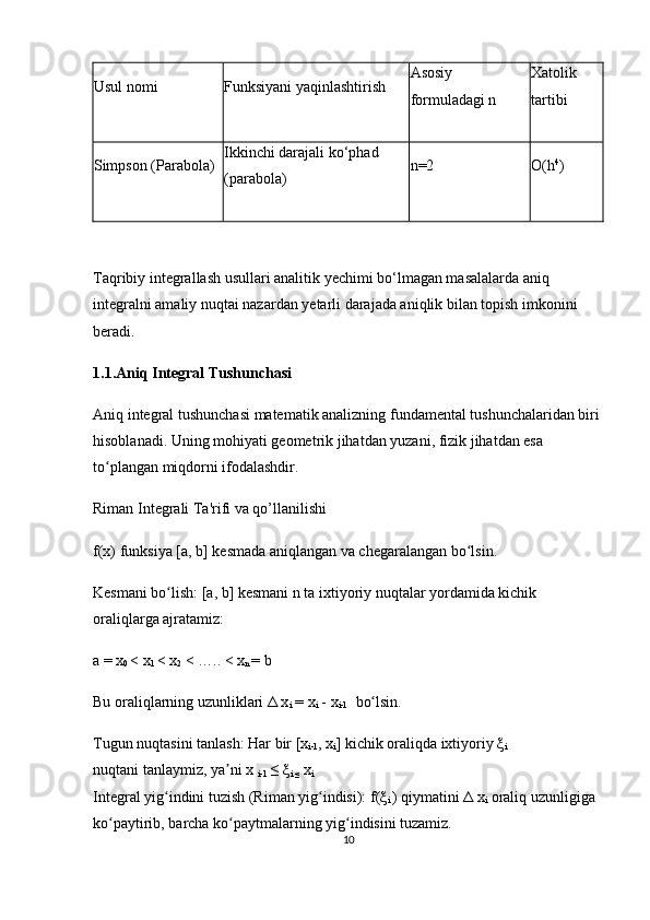 Usul nomi Funksiyani  yaqinlashtirish Asosiy 
formuladagi n Xatolik 
tartibi
Simpson (Parabola) Ikkinchi darajali ko‘phad 
(parabola) n=2 O(h 4
)
Taqribiy integrallash usullari analitik yechimi bo‘lmagan masalalarda aniq 
integralni amaliy nuqtai nazardan yetarli darajada aniqlik bilan topish imkonini 
beradi.
1.1.Aniq Integral Tushunchasi
Aniq integral tushunchasi matematik analizning fundamental tushunchalaridan biri 
hisoblanadi. Uning mohiyati geometrik jihatdan yuzani, fizik jihatdan esa 
to plangan miqdorni ifodalashdir.ʻ
Riman Integrali Ta'rifi va qo’llanilishi
f(x) funksiya [a, b] kesmada aniqlangan va chegaralangan bo lsin.	
ʻ
Kesmani bo lish: [a, b] kesmani n ta ixtiyoriy nuqtalar yordamida kichik 	
ʻ
oraliqlarga ajratamiz:
a = x
0  < x
1  < x
2  < ….. < x
n  = b
Bu oraliqlarning uzunliklari Δ x
i  = x
i  - x
i-1   bo lsin.	
ʻ
Tugun nuqtasini tanlash:  Har bir [x
i-1 , x
i ]  kichik oraliqda ixtiyoriy ξ
i 
nuqtani tanlaymiz, ya ni x 	
ʼ
i-1  ≤  ξ
i ≤  x
i
Integral yig indini tuzish (Riman yig indisi):	
ʻ ʻ  f( ξ
i  )  qiymatini Δ x
i  oraliq uzunligiga 
ko paytirib, barcha ko paytmalarning yig indisini tuzamiz. 	
ʻ ʻ ʻ
10 