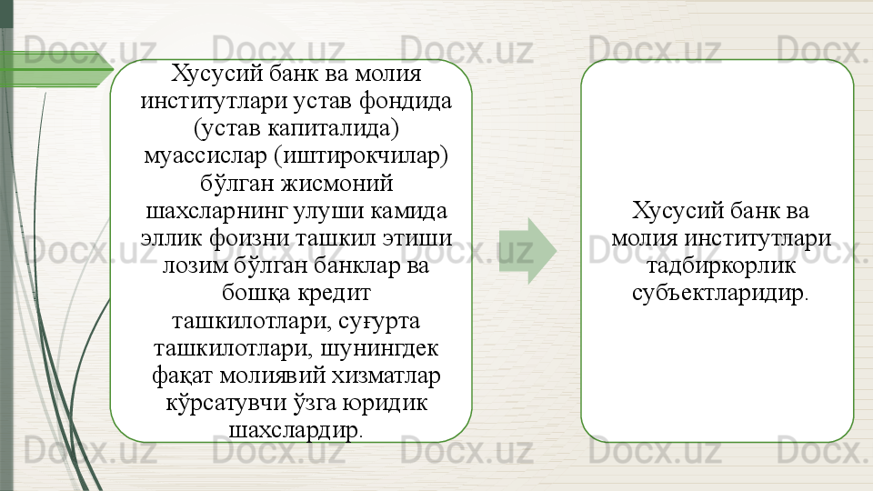 Хусусий банк ва молия 
институтлари устав фондида 
(устав капиталида) 
муассислар (иштирокчилар) 
бўлган жисмоний 
шахсларнинг улуши камида 
эллик фоизни ташкил этиши 
лозим бўлган банклар ва 
бошқа кредит 
ташкилотлари, суғурта 
ташкилотлари, шунингдек 
фақат молиявий хизматлар 
кўрсатувчи ўзга юридик 
шахслардир. Хусусий банк ва 
молия институтлари 
тадбиркорлик 
субъектларидир.              