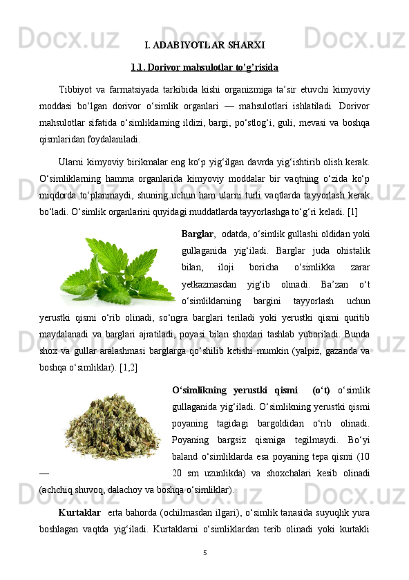 I. ADABIYOTLAR SHARXI
1.1. Dorivor mahsulotlar to’g’risida
Tibbiyot   va   farmatsiyada   tarkibida   kishi   organizmiga   ta’sir   etuvchi   kimyoviy
moddasi   bo‘lgan   dorivor   o‘simlik   organlari   —   mahsulotlari   ishlatiladi.   Dorivor
mahsulotlar   sifatida  o‘simliklarning  ildizi,  bargi,  po‘stlog‘i,  guli,  mevasi   va  boshqa
qismlaridan foydalaniladi. 
Ularni  kimyoviy birikmalar  eng  ko‘p yig‘ilgan  davrda  yig‘ishtirib olish kerak.
O‘simliklarning   hamma   organlarida   kimyoviy   moddalar   bir   vaqtning   o‘zida   ko‘p
miqdorda   to‘planmaydi,   shuning   uchun   ham   ularni   turli   vaqtlarda   tayyorlash   kerak
bo‘ladi. O‘simlik organlarini quyidagi muddatlarda tayyorlashga to‘g‘ri keladi. [1]
Barglar ,  odatda, o‘simlik gullashi oldidan yoki
gullaganida   yig‘iladi.   Barglar   juda   ohistalik
bilan,   iloji   boricha   o‘simlikka   zarar
yetkazmasdan   yig‘ib   olinadi.   Ba’zan   o‘t
o‘simliklarning   bargini   tayyorlash   uchun
yerustki   qismi   o‘rib   olinadi,   so‘ngra   barglari   teriladi   yoki   yerustki   qismi   quritib
maydalanadi   va   barglari   ajratiladi,   poyasi   bilan   shoxlari   tashlab   yuboriladi.   Bunda
shox   va   gullar   aralashmasi   barglarga   qo‘shilib   ketishi   mumkin   (yalpiz,   gazanda   va
boshqa o‘simliklar). [1,2]
O‘simlikning   yerustki   qismi     (o‘t)   o‘simlik
gullaganida yig‘iladi. O‘simlikning yerustki  qismi
poyaning   tagidagi   bargoldidan   o‘rib   olinadi.
Poyaning   bargsiz   qismiga   tegilmaydi.   Bo‘yi
baland   o‘simliklarda   esa   poyaning   tepa   qismi   (10
— 20   sm   uzunlikda)   va   shoxchalari   kesib   olinadi
(achchiq shuvoq, dalachoy va boshqa o‘simliklar). 
Kurtaklar    erta  bahorda  (ochilmasdan  ilgari), o‘simlik tanasida  suyuqlik yura
boshlagan   vaqtda   yig‘iladi.   Kurtaklarni   o‘simliklardan   terib   olinadi   yoki   kurtakli
5 