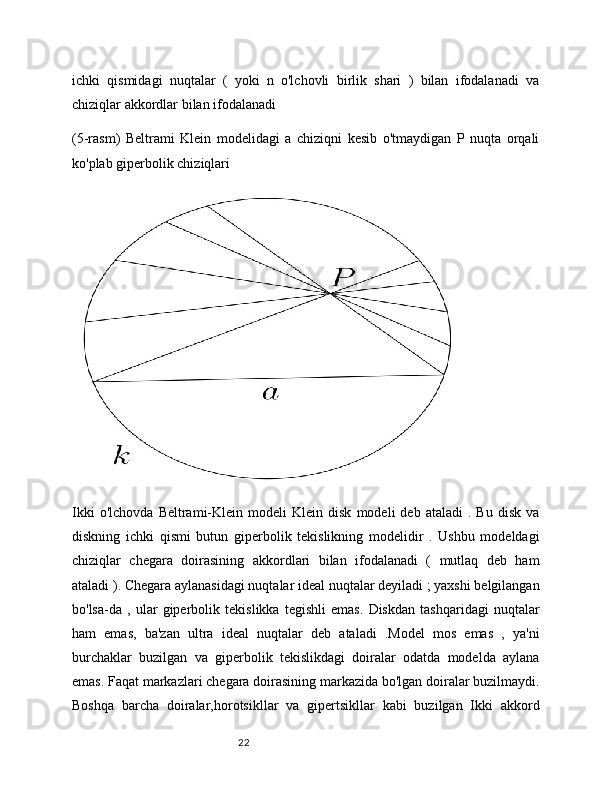 22ichki   qismidagi   nuqtalar   (   yoki   n   o'lchovli   birlik   shari   )   bilan   ifodalanadi   va
chiziqlar akkordlar bilan ifodalanadi 
(5-rasm)   Beltrami   Klein   modelidagi   a   chiziqni   kesib   o'tmaydigan   P   nuqta   orqali
ko'plab giperbolik chiziqlari
Ikki   o'lchovda   Beltrami-Klein   modeli   Klein   disk   modeli   deb   ataladi   .  Bu   disk   va
diskning   ichki   qismi   butun   giperbolik   tekislikning   modelidir   .   Ushbu   modeldagi
chiziqlar   chegara   doirasining   akkordlari   bilan   ifodalanadi   (   mutlaq   deb   ham
ataladi ). Chegara aylanasidagi nuqtalar ideal nuqtalar deyiladi ; yaxshi belgilangan
bo'lsa-da   ,   ular   giperbolik   tekislikka   tegishli   emas.   Diskdan   tashqaridagi   nuqtalar
ham   emas,   ba'zan   ultra   ideal   nuqtalar   deb   ataladi   .Model   mos   emas   ,   ya'ni
burchaklar   buzilgan   va   giperbolik   tekislikdagi   doiralar   odatda   modelda   aylana
emas. Faqat markazlari chegara doirasining markazida bo'lgan doiralar buzilmaydi.
Boshqa   barcha   doiralar,horotsikllar   va   gipertsikllar   kabi   buzilgan   Ikki   akkord