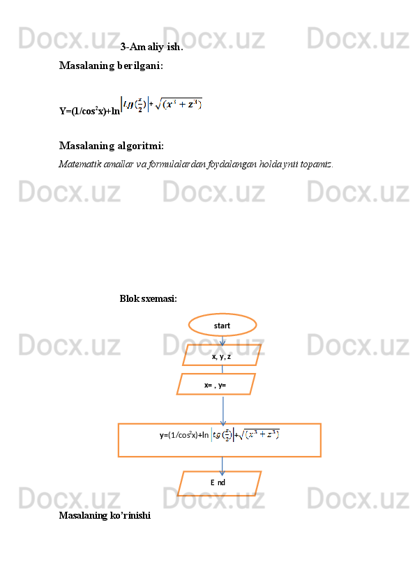                       3-Amaliy ish. 
Masalaning berilgani : 
 
Y=(1/cos 2
x)+ln  
 
Masalaning algoritmi: 
Matematik amallar va formulalardan foydalangan holda ynii topamiz. 
 
 
 
 
 
 
 
                          Blok sxemasi: 
Masalaning ko’rinishi  +
   
 
 
 
 
 
 
   
 
 
 
 
 
  start  
x, y, z  
y /cos=(1 2
x)+ln +  
E nd  x= , y=   