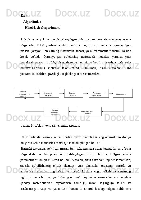   Kirish 
Algoritmlar 
    Hisoblash eksperimenti.  
 
 Odatda tabiat yoki jamiyatda uchraydigan turli muammo, masala yoki jarayonlarni
o’rganishni   EHM   yordamida   olib   borish   uchun,   birinchi   navbatda,   qaralayotgan
masala, jarayon - ob’ektning matematik ifodasi, ya’ni matematik modelini ko’rish
kerak   bo’ladi.   Qaralayotgan   ob’ektning   matematik   modelini   yaratish   juda
murakkab   jarayon   bo’lib,   o’rganilayotgan   ob’ektga   bog’liq   ravishda   turli   soha
mutaxassislarining   ishtiroki   talab   etiladi.   Umuman,   biror   masalani   EHM
yordamida echishni quyidagi bosqichlarga ajratish mumkin. 
 
 
 
1-rasm. Hisoblash eksperimentining sxemasi 
 
  Misol   sifatida,   kosmik   kemani   erdan   Zuxro   planetasiga   eng   optimal   traektoriya
bo’yicha uchirish masalasini xal qilish talab qilingan bo’lsin. 
 Birinchi navbatda, qo’yilgan masala turli soha mutaxassislari tomonidan atroflicha
o’rganilishi   va   bu   jarayonni   ifodalaydigan   eng   muhim   -   bo’lgan   asosiy
parametrlarni   aniqlash   kerak   bo’ladi.   Masalan,   fizik-astronom-injener   tomonidan,
masala   qo’yilishining   o’rinli   ekanligi,   yani   planetalar   orasidagi   masofa   va
atmosfera   qatlamlarining   ta’siri,   er   tortish   kuchini   engib   o’tish   va   kemaning
og’irligi,   zarur   bo’lgan   yoqilg’ining   optimal   miqdori   va   kosmik   kemani   qurishda
qanday   materiallardan   foydalanish   zarurligi,   inson   sog’lig’iga   ta’siri   va
sarflanadigan   vaqt   va   yana   turli   tuman   ta’sirlarni   hisobga   olgan   holda   shuОбъект,
Муаммо ,
Масала Математик
модель Дискрет
модель Алглритм ,
Ечиш усули Программа
Натижа
Ва унинг
тахлили Программани
созлаш 
