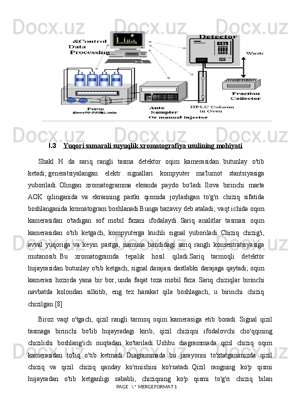 I.3 Yuqori samarali suyuqlik xromatografiya usulining mohiyati   
Shakl   H   da   sariq   rangli   tasma   detektor   oqim   kamerasidan   butunlay   o'tib
ketadi;   generatsiyalangan   elektr   signallari   kompyuter   ma'lumot   stantsiyasiga
yuboriladi.   Olingan   xromatogramma   ekranda   paydo   bo'ladi.   Ilova   birinchi   marta
AOK   qilinganida   va   ekranning   pastki   qismida   joylashgan   to'g'ri   chiziq   sifatida
boshlanganida kromatogram boshlanadi.Bunga bazaviy deb ataladi;   vaqt ichida oqim
kamerasidan   o'tadigan   sof   mobil   fazani   ifodalaydi.   Sariq   analitlar   tasmasi   oqim
kamerasidan   o'tib   ketgach,   kompyuterga   kuchli   signal   yuboriladi.   Chiziq   chizig'i,
avval   yuqoriga   va   keyin   pastga,   namuna   bandidagi   sariq   rangli   konsentratsiyasiga
mutanosib.   Bu   xromatogramda   tepalik   hosil   qiladi.Sariq   tarmoqli   detektör
hujayrasidan butunlay o'tib ketgach, signal darajasi  dastlabki darajaga qaytadi;   oqim
kamerasi   hozirda   yana   bir   bor,   unda   faqat   toza   mobil   faza.   Sariq   chiziqlar   birinchi
navbatda   kolondan   silkitib,   eng   tez   harakat   qila   boshlagach,   u   birinchi   chiziq
chizilgan.[8]
Biroz   vaqt   o'tgach,   qizil   rangli   tarmoq   oqim   kamerasiga   etib   boradi.   Signal   qizil
tasmaga   birinchi   bo'lib   hujayradagi   kirib,   qizil   chiziqni   ifodalovchi   cho'qqining
chizilishi   boshlang'ich   nuqtadan   ko'tariladi.   Ushbu   diagrammada   qizil   chiziq   oqim
kamerasidan   to'liq   o'tib   ketmadi.   Diagrammada   bu   jarayonni   to'xtatganimizda   qizil
chiziq   va   qizil   chiziq   qanday   ko'rinishini   ko'rsatadi.   Qizil   rangning   ko'p   qismi
hujayradan   o'tib   ketganligi   sababli,   chiziqning   ko'p   qismi   to'g'ri   chiziq   bilan
 PAGE   \* MERGEFORMAT 1 