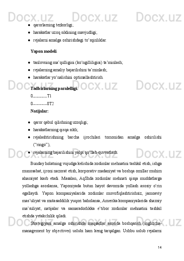 ● qarorlarning tezkorligi;
● harakatlar uzoq siklining mavjudligi;
● rejalarni amalga oshirishdagi to‘sqinliklar.
Yapon modeli .
● tanlovning ma’qulligini (ko‘ngilliligini) ta’minlash;
● rejalarning amaliy bajarilishini ta’minlash;
● harakatlar yo‘nalishini optimallashtirish.
Tadbirlarning paralelligi.
0
----------------- Т1
0
----------------- 0Т2
Natijalar:
● qaror qabul qilishning uzoqligi;
● harakatlarning qisqa sikli;
● rejalashtirishning   barcha   ijrochilari   tomonidan   amalga   oshirilishi
(“ringo”);
● rejalarning bajarilishini yalpi qo‘llab-quvvatlash.
Bunday holatning vujudga kelishida xodimlar mehnatini tashkil etish, ishga
munosabat, ijroni nazorat etish, korporativ madaniyat va boshqa omillar muhim
ahamiyat   kasb   etadi.   Masalan,   AqShda   xodimlar   mehnati   qisqa   muddatlarga
yollashga   asoslansa,   Yaponiyada   butun   hayot   davomida   yollash   asosiy   o‘rin
egallaydi.   Yapon   kompaniyalarida   xodimlar   muvofiqlashtirishsiz,   jamoaviy
mas’uliyat va mutasaddilik yuqori baholansa, Amerika kompaniyalarida shaxsiy
ma’suliyat,   natijalar   va   samaradorlikka   e’tibor   xodimlar   mehnatini   tashkil
etishda yetakchilik qiladi.
Strategiyani   amalga   oshirishda   maqsadlar   asosida   boshqarish   (inglizcha-
management   by   objectives)   uslubi   ham   keng   tarqalgan.   Ushbu   uslub   rejalarni
14 