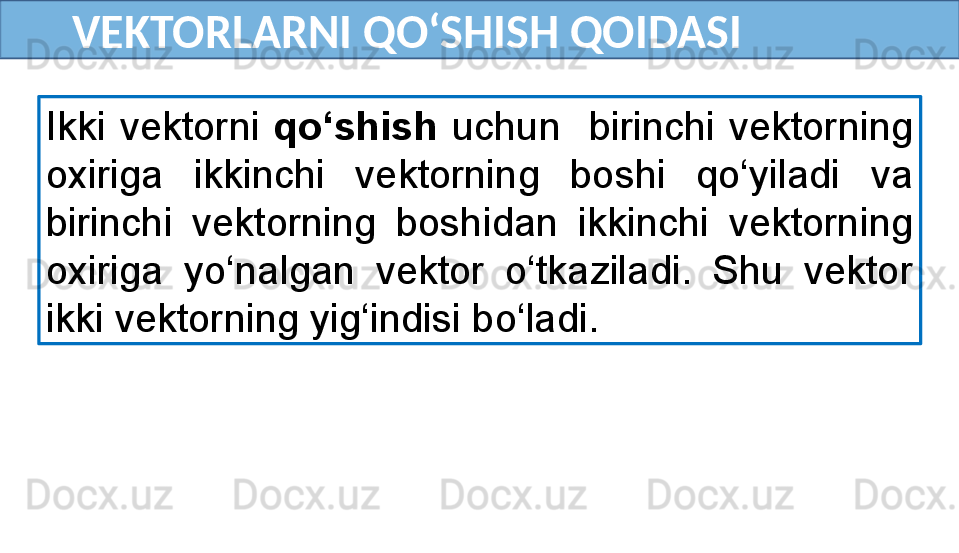        VEKTORLARNI QO‘SHISH QOIDASI
Ikki  vektorni  qo‘shish  uchun    birinchi  vektorning 
oxiriga  ikkinchi  vektorning  boshi  qo‘yiladi  va 
birinchi  vektorning  boshidan  ikkinchi  vektorning 
oxiriga  yo‘nalgan  vektor  o‘tkaziladi.  Shu  vektor 
ikki vektorning yig‘indisi bo‘ladi. 