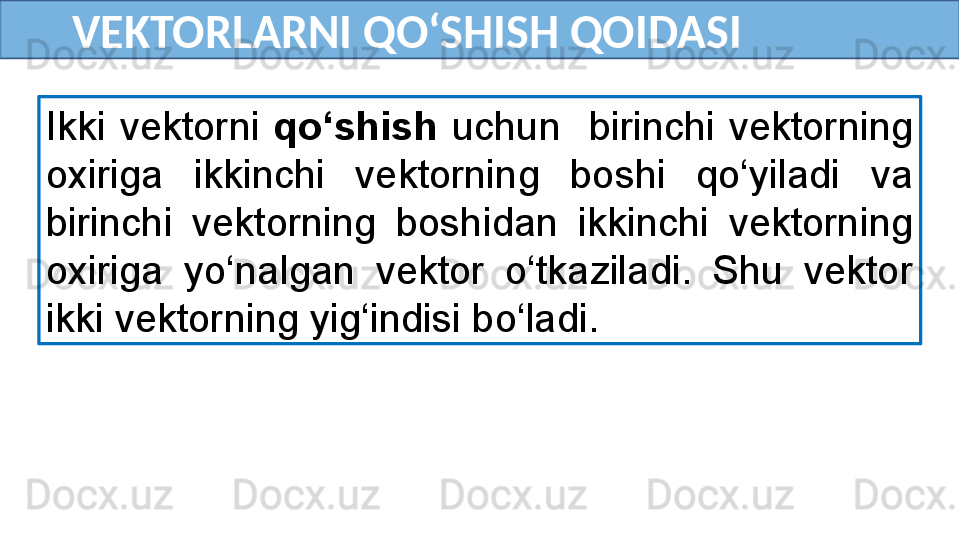 VEKTORLARNI QO‘SHISH QOIDASI
Ikki  vektorni  qo‘shish  uchun    birinchi  vektorning 
oxiriga  ikkinchi  vektorning  boshi  qo‘yiladi  va 
birinchi  vektorning  boshidan  ikkinchi  vektorning 
oxiriga  yo‘nalgan  vektor  o‘tkaziladi.  Shu  vektor 
ikki vektorning yig‘indisi bo‘ladi.