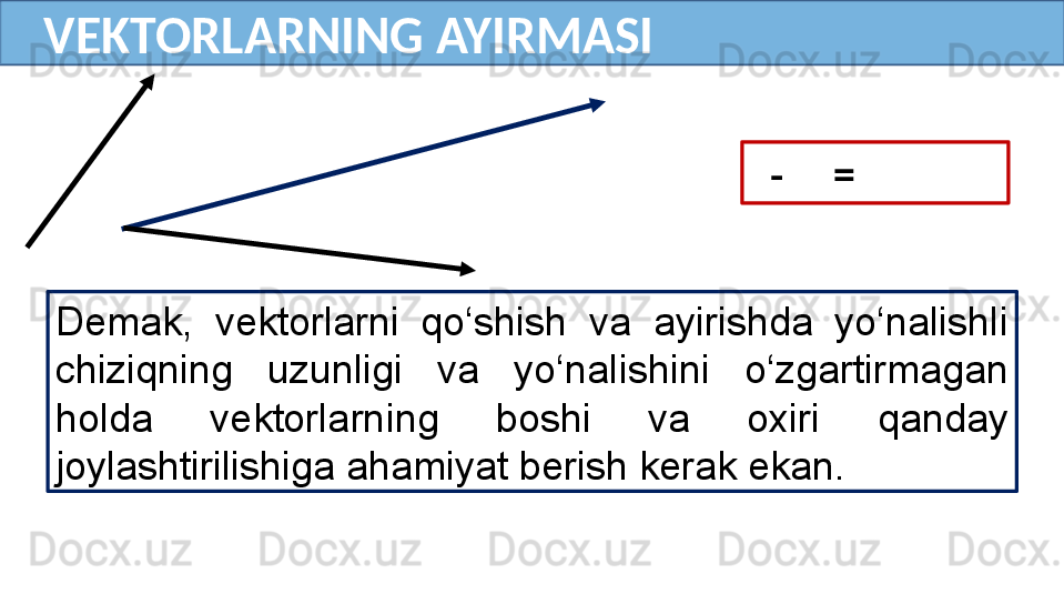      VEKTORLARNING AYIRMASI
   -       =   
Demak,  vektorlarni  qo‘shish  va  ayirishda  yo‘nalishli 
chiziqning  uzunligi  va  yo‘nalishini  o‘zgartirmagan 
holda  vektorlarning  boshi  va  oxiri  qanday 
joylashtirilishiga ahamiyat berish kerak ekan. 
    