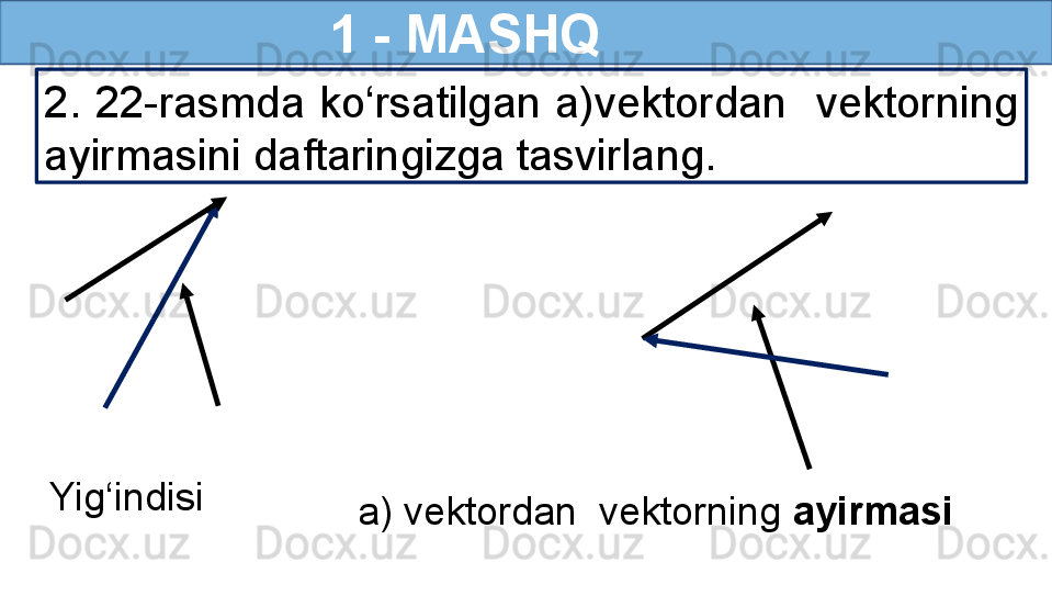                        1 - MASHQ
2.  22-rasmda  ko‘rsatilgan  a)vektordan    vektorning 
ayirmasini daftaringizga tasvirlang.
 
 
 
a) vektordan  vektorning  ayirmasi 
 
 
Yig‘indisi 