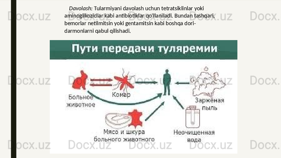      Davolash:  Tularmiyani davolash uchun tetratsiklinlar yoki 
aminoglikozidlar kabi antibiotiklar qo'llaniladi. Bundan tashqari, 
bemorlar netilmitsin yoki gentamitsin kabi boshqa dori-
darmonlarni qabul qilishadi. 