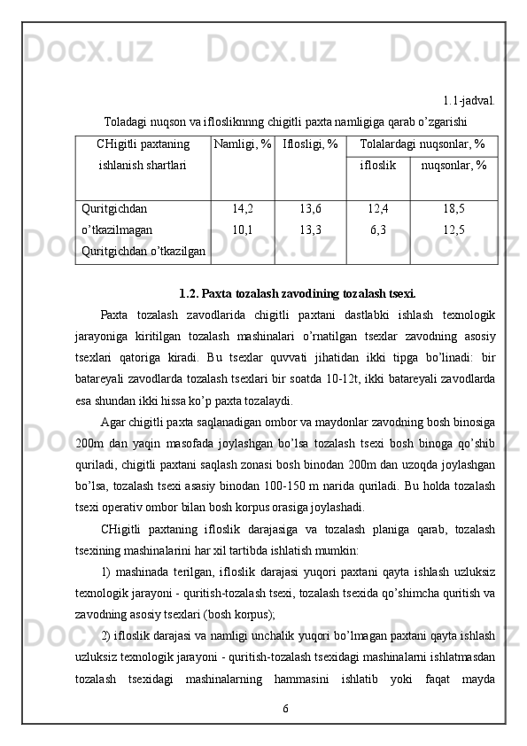 1.1-jadval. 
Toladagi nuqson va iflosliknnng chigitli paxta namligiga qarab o’zgarishi
CHigitli paxtaning
ishlanish shartlari Namligi, % Iflosligi, % Tolalardagi nuqsonlar, %
ifloslik nuqsonlar, %
Quritgichdan
o’tkazilmagan
Quritgichdan o’tkazilgan 14,2
10,1 13,6
13,3 12,4
6,3 18,5
12,5
1.2. Paxta tozalash zavodining tozalash tsexi.
Paxta   tozalash   zavodlarida   chigitli   paxtani   dastlabki   ishlash   texnologik
jarayoniga   kiritilgan   tozalash   mashinalari   o’rnatilgan   tsexlar   zavodning   asosiy
tsexlari   qatoriga   kiradi.   Bu   tsexlar   quvvati   jihatidan   ikki   tipga   bo’linadi:   bir
batareyali zavodlarda tozalash tsexlari bir soatda 10-12t, ikki batareyali zavodlarda
esa shundan ikki hissa ko’p paxta tozalaydi.
Agar chigitli paxta saqlanadigan ombor va maydonlar zavodning bosh binosiga
200m   dan   yaqin   masofada   joylashgan   bo’lsa   tozalash   tsexi   bosh   binoga   qo’shib
quriladi, chigitli paxtani saqlash zonasi bosh binodan 200m dan uzoqda joylashgan
bo’lsa, tozalash tsexi asasiy binodan 100-150 m narida quriladi. Bu holda tozalash
tsexi operativ ombor bilan bosh korpus orasiga joylashadi.
CHigitli   paxtaning   ifloslik   darajasiga   va   tozalash   planiga   qarab,   tozalash
tsexining mashinalarini har xil tartibda ishlatish mumkin:
1)   mashinada   terilgan,   ifloslik   darajasi   yuqori   paxtani   qayta   ishlash   uzluksiz
texnologik jarayoni - quritish-tozalash tsexi, tozalash tsexida qo’shimcha quritish va
zavodning asosiy tsexlari (bosh korpus);
2) ifloslik darajasi va namligi unchalik yuqori bo’lmagan paxtani qayta ishlash
uzluksiz texnologik jarayoni - quritish-tozalash tsexidagi mashinalarni ishlatmasdan
tozalash   tsexidagi   mashinalarning   hammasini   ishlatib   yoki   faqat   mayda
6 