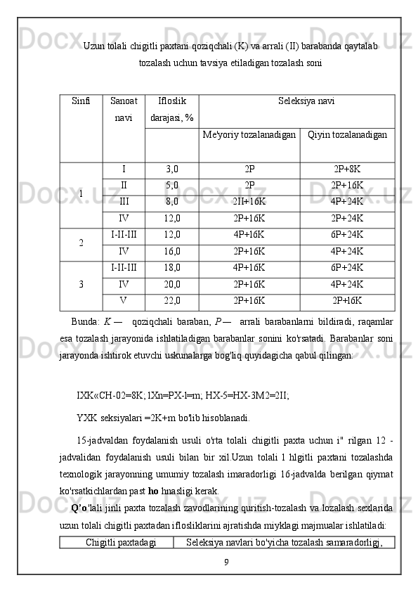 Uzun tolali chigitli paxtani qoziqchali (K) va arrali (II) barabanda qaytalab
tozalash uchun tavsiya etiladigan tozalash soni
Sinfi Sanoat
navi Ifloslik
darajasi, % Seleksiya navi
Me'yoriy tozalanadigan Qiyin tozalanadigan
1 I 3 ,0 2P 2 P +8K
II 5,0 2P 2 P +16K
III 8,0 2II +16K 4 P +24K
IV 12,0 2 P +16K 2 P +24K
2 I -II -III 12 ,0 4 P +l6K 6 P +24K
IV 16,0 2 P +16K 4 P +24K
3 I-II-III 18,0 4 P +16K 6 P +24K
IV 20,0 2 P +16K 4 P +24K
V 22 ,0 2 P +16K 2 P +l6K
Bunda :   K —   qoziqchali   baraban ,   P —   arrali   barabanlarni   bildiradi ,   raqamlar
esa   tozalash   jarayonida   ishlatiladigan   barabanlar   sonini   ko ' rsatadi .   Barabanlar   soni
jarayonda   ishtirok   etuvchi   uskunalarga   bog ' liq   quyidagicha   qabul   qilingan :
IXK«CH-02=8K; lXn=PX-l=m; HX-5=HX-3M2=2II;
YXK  seksiyalari  =2K+m  bo'lib hisoblanadi.
15-jadvaldan   foydalanish   usuli   o'rta   tolali   chigitli   paxta   uchun   i"   rilgan   12   -
jadvalidan   foydalanish   usuli   bilan   bir   xil.Uzun   tolali   l   hlgitli   paxtani   tozalashda
texnologik  jarayonning  umumiy   tozalash   imaradorligi   16-jadvalda   berilgan  qiymat
ko'rsatkichlardan past  ho  hnasligi kerak.
Q’o 'lali jinli paxta tozalash zavodlarining quritish-tozalash va lozalash sexlarida
uzun tolali chigitli paxtadan iflosliklarini ajratishda miyklagi majmualar ishlatiladi:
Chigitli paxtadagi Seleksiya navlari bo'yicha tozalash samaradorligj,
9 
