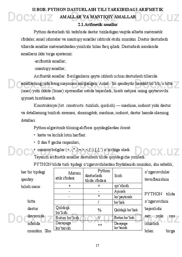 17II BOB. PYTHON   DASTURLASH   TILI   TARKIBIDAGI   ARIFMETIK
AMALLAR   VA   MANTIQIY   AMALLAR
2.1.Arifmetik   amallar
Python dasturlash tili tarkibida dastur tuziladigan vaqtda albatta matematik 
ifodalar, amal ishoralar va mantiqiy amallar ishtirok etishi mumkin. Dastur dasturlash 
tillarida amallar matematikadan yozilishi bilan farq qiladi. Dasturlash asoslarida 
amallarni ikki turga ajratamiz:
-arifmetik amallar;
-mantiqiy amallar;
Arifmetik amallar. Berilganlarni qayta ishlash uchun dasturlash tillarida 
amallarning juda keng majmuasi aniqlangan. Amal - bu qandaydir harakat bo‘lib, u bitta 
(unar) yoki ikkita (binar) operandlar ustida bajariladi, hisob natijasi uning qaytaruvchi 
qiymati hisoblanadi.
Konstruksiya (lot. constructs -tuzilish, qurilish) — mashina, inshoot yoki dastur 
va detallarning tuzilish sxemasi, shuningdek, mashina, inshoot, dastur hamda ularning 
detallari. 
Python algoritmik tilining alifbosi quyidagilardan iborat:
•  katta va kichik lotin harflari:
•  0 dan 9 gacha raqamlari;
•  maxsus belgilar (+,-,*,/,=,>,<,{,},[,],’) o’zichiga oladi.
Tayanch arifmetik amallar dasturlash tilida quyidagicha yoziladi.
PYTHON tilida turli tipdagi o‘zgaruvchilardan foydalanish mumkin, shu sababli, 
har bir tipdagi o‘zgaruvchilar 
qanday tavsiflanishini 
bilish zarur.
PYTHON   tilidа
bittа o‘zgаruvchini
dаstur bаjаrilishi
dаvоmidа sаtr   yoki   sоn
sifаtidа ishlаtish
mumkin.   Shu bilаn   birgаMatem
atik ifodasi Python
dasturlash 
tilida ifodasi Izoh
+ + qo‘shish
- - Ayirish
∙ * ko‘paytirish
: / bo‘lish
Qoldiqli 
bo‘lish % Qoldiqli bo‘lish
Butun bo‘lish // Butun bo‘lish
Darajaga 
ko‘tarish ** Darajaga 
ko‘tarish 