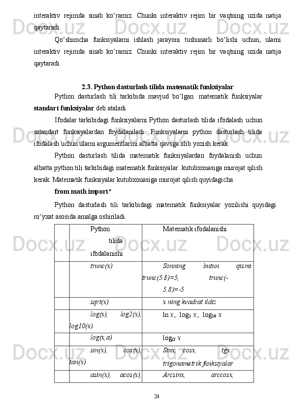 24interaktiv   rejimda   sinab   ko‘ramiz.   Chunki   interaktiv   rejim   bir   vaqtning   uzida   natija
qaytaradi.
Qo‘shimcha   funksiyalarni   ishlash   jarayoni   tushunarli   bo‘lishi   uchun,   ularni
interaktiv   rejimda   sinab   ko‘ramiz.   Chunki   interaktiv   rejim   bir   vaqtning   uzida   natija
qaytaradi.
2.3.   Python   dasturlash   tilida matematik   funksiyalar
Python   dasturlash   tili   tarkibida   mavjud   bo‘lgan   matematik   funksiyalar
standart   funksiyalar   deb ataladi.
Ifodalar tarkibidagi funksiyalarni Python dasturlash tilida ifodalash   uchun
satandart   funksiyalardan   foydalaniladi.   Funksiyalarni   python   dasturlash   tilida
ifodalash uchun ularni argumentlarini albatta qavsga olib   yozish   kerak.
Python   dasturlash   tilida   matematik   funksiyalardan   foydalanish   uchun
albatta   python   tili   tarkibidagi   matematik   funksiyalar   kutubxonasiga   murojat qilish
kerak. Matematik funksiyalar kutubxonasiga murojat qilish   quyidagicha.
from   math   import*
Python   dasturlash   tili   tarkibidagi   matematik   funksiyalar   yozilishi   quyidagi
ro‘yxat   asosida   amalga oshiriladi.
Python
tilida
ifodalanishi Matematik   ifodalanishi
trunc(x) Sonning   butun   qismi
trunc(5.8)=5, trunc(-
5.8)=-5
sqrt(x) x ning kvadrat   ildiz
log(x),   log2(x),
log10(x)ln	 x,  log	2 x,  log	10 x
log(x,a)
log
a   x
sin(x),   cos(x),
tan(x) Sinx, cosx, tgx
trigonametrik   funksiyalar
asin(x),   acos(x), Arcsinx, arccosx, 