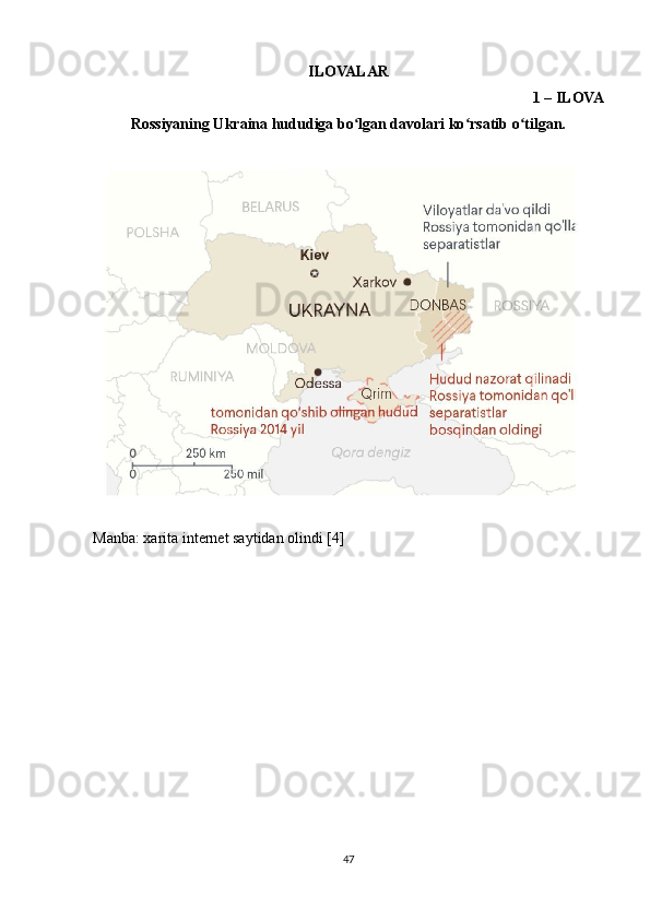 ILOVALAR
1 – ILOVA
Rossiyaning Ukraina hududiga bo lgan davolari ko rsatib o tilgan.ʻ ʻ ʻ
Manba: xarita internet saytidan olindi [4]
47 