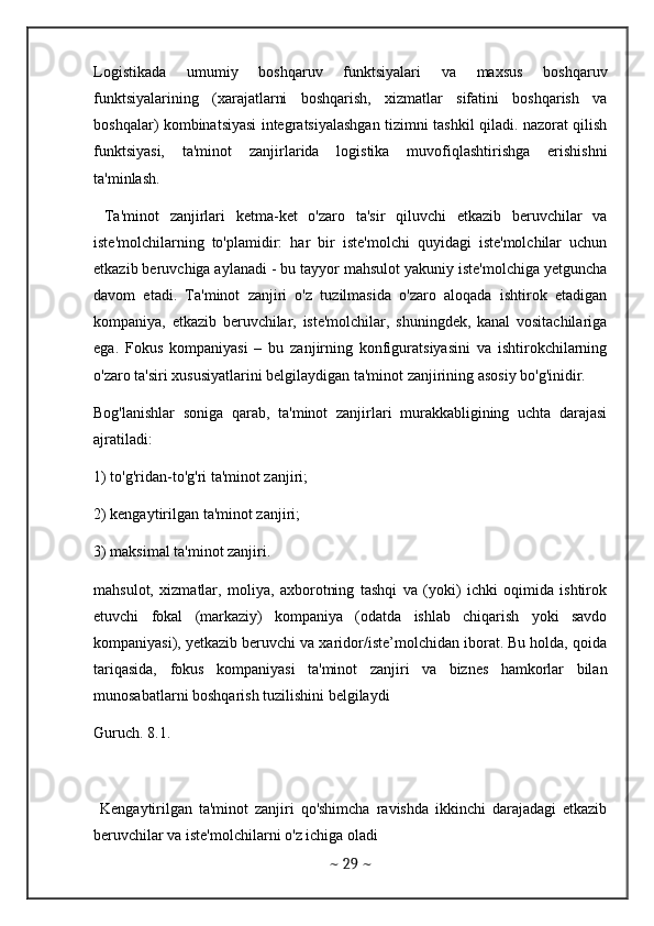 Logistikada   umumiy   boshqaruv   funktsiyalari   va   maxsus   boshqaruv
funktsiyalarining   (xarajatlarni   boshqarish,   xizmatlar   sifatini   boshqarish   va
boshqalar) kombinatsiyasi integratsiyalashgan tizimni tashkil qiladi. nazorat qilish
funktsiyasi,   ta'minot   zanjirlarida   logistika   muvofiqlashtirishga   erishishni
ta'minlash.
  Ta'minot   zanjirlari   ketma-ket   o'zaro   ta'sir   qiluvchi   etkazib   beruvchilar   va
iste'molchilarning   to'plamidir:   har   bir   iste'molchi   quyidagi   iste'molchilar   uchun
etkazib beruvchiga aylanadi - bu tayyor mahsulot yakuniy iste'molchiga yetguncha
davom   etadi.   Ta'minot   zanjiri   o'z   tuzilmasida   o'zaro   aloqada   ishtirok   etadigan
kompaniya,   etkazib   beruvchilar,   iste'molchilar,   shuningdek,   kanal   vositachilariga
ega.   Fokus   kompaniyasi   –   bu   zanjirning   konfiguratsiyasini   va   ishtirokchilarning
o'zaro ta'siri xususiyatlarini belgilaydigan ta'minot zanjirining asosiy bo'g'inidir. 
Bog'lanishlar   soniga   qarab,   ta'minot   zanjirlari   murakkabligining   uchta   darajasi
ajratiladi: 
1) to'g'ridan-to'g'ri ta'minot zanjiri; 
2) kengaytirilgan ta'minot zanjiri; 
3) maksimal ta'minot zanjiri.
mahsulot,   xizmatlar,   moliya,   axborotning   tashqi   va   (yoki)   ichki   oqimida   ishtirok
etuvchi   fokal   (markaziy)   kompaniya   (odatda   ishlab   chiqarish   yoki   savdo
kompaniyasi), yetkazib beruvchi va xaridor/iste’molchidan iborat. Bu holda, qoida
tariqasida,   fokus   kompaniyasi   ta'minot   zanjiri   va   biznes   hamkorlar   bilan
munosabatlarni boshqarish tuzilishini belgilaydi 
Guruch. 8.1.
  Kengaytirilgan   ta'minot   zanjiri   qo'shimcha   ravishda   ikkinchi   darajadagi   etkazib
beruvchilar va iste'molchilarni o'z ichiga oladi 
~  29  ~ 