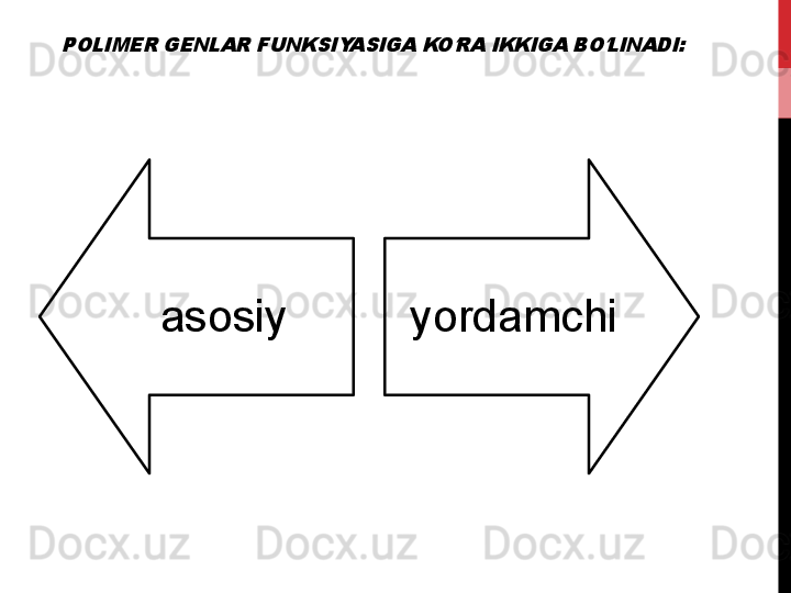 POLIMER GENLAR FUNKSIYASIGA KO RA IKKIGA BO LINADI:	ʻ ʻasosiy yordamchi 