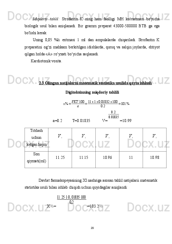 Miqdoriy   tahlil:   Strofantin   K   ning   ham   faolligi   MH   ko'rsatmasi   bo'yicha
biologik   usul   bilan   aniqlanadi.   Bir   gramm   preparat   43000-580000   BTB   ga   ega
bo'lishi kerak. 
Uning   0,05   %li   eritmasi   1   ml   dan   ampulalarda   chiqariladi.   Strofantin   K
preparatini  og‘zi mahkam  berkitilgan idishlarda, quruq va salqin joylarda, ehtiyot
qilgan holda «А» ro‘yxati bo‘yicha saqlanadi.
Kardiotonik vosita.
2.3 Olingan natijalarni matematik statistika usulida qayta ishlash
Digitoksinning   miqdoriy tahlili
x % = VKT· 100
a = 11 x 1 x 0.01832 x 100
0.2 = 101 %
a=0. 2           T=0.01835            V=0.2	
0.01835 =10.99
Titrlash
uchun
ketgan hajm	
V	1	V	2	V	3	V	4	V	5
Son
qiymati(ml) 1 1.25 1 1.15 1 0.96 1 1 1 0.98
Davlat farmakopeyasining XI nashriga asosan tahlil natijalarii matematik 
statistika usuli bilan ishlab chiqish uchun quyidagilar aniqlandi: 
X % =	
11	.25⋅1⋅0,01835	⋅100	
0,2 =103.2 %
20