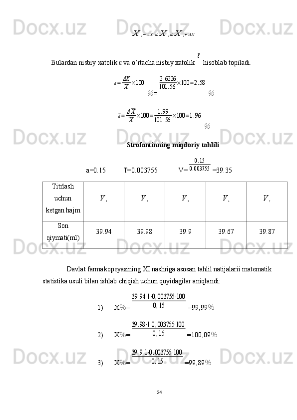 X	i−ΔX	≤	X	i≤	X	i+ΔXBulardan nisbiy xatolik   va o’rtacha nisbiy xatolik 	
ɛ	
ε  hisoblab topiladi.	
ε=	ΔX
X	×100	
％
=	
2.6226	
101	.56	×100	=2.58	
％	
ε=	ΔX
X	×100	=	1.99	
101	.56	×100	=1.96	
％
Strofantinning   miqdoriy tahlili
a=0. 15           T=0.0 03755             V=	
0.15	
0.003755 = 39.35
Titrlash
uchun
ketgan hajm	
V	1	V	2	V	3	V	4	V	5
Son
qiymati(ml) 39.94 39.98 39.9 39.67 39.87
Davlat farmakopeyasining XI nashriga asosan tahlil natijalarii matematik 
statistika usuli bilan ishlab chiqish uchun quyidagilar aniqlandi: 
1) X ％ =	
39	.94	⋅1⋅0,003755	⋅100	
0,15 =99,99 ％
2) X ％ =	
39	.98⋅1⋅0,003755	⋅100	
0,15 =100,09 ％
3) X ％ =	
39	.9⋅1⋅0,003755	⋅100	
0,15 =99,89 ％
24 