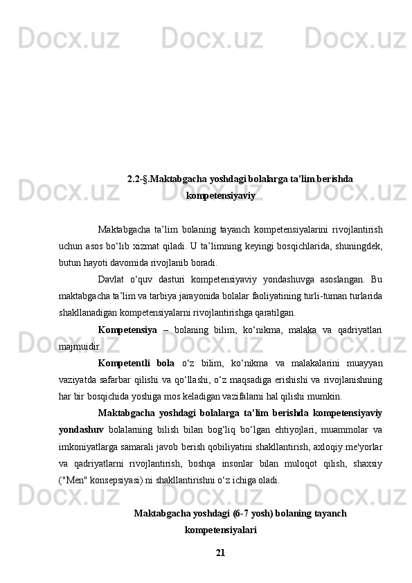 2.2 -§. Maktabgacha yoshdagi bolalarga ta’lim berishda
kompetensiyaviy
Maktabgacha   ta’lim   bolaning   tayanch   kompetensiyalarini   rivojlantirish
uchun  asos  bo‘lib  xizmat   qiladi.   U  ta’limning  keyingi   bosqichlarida,  shuningdek,
butun hayoti davomida rivojlanib boradi.
Davlat   o‘quv   dasturi   kompetensiyaviy   yondashuvga   asoslangan.   Bu
maktabgacha ta’lim va tarbiya jarayonida bolalar faoliyatining turli-tuman turlarida
shakllanadigan kompetensiyalarni rivojlantirishga qaratilgan.
Kompetensiya   –   bolaning   bilim,   ko‘nikma,   malaka   va   qadriyatlari
majmuidir.
Kompetentli   bola   o‘z   bilim,   ko‘nikma   va   malakalarini   muayyan
vaziyatda  safarbar  qilishi  va  qo‘llashi,  o‘z  maqsadiga   erishishi  va   rivojlanishning
har bir bosqichida yoshiga mos keladigan vazifalarni hal qilishi mumkin.
Maktabgacha   yoshdagi   bolalarga   ta’lim   berishda   kompetensiyaviy
yondashuv   bolalarning   bilish   bilan   bog‘liq   bo‘lgan   ehtiyojlari,   muammolar   va
imkoniyatlarga samarali javob berish qobiliyatini shakllantirish, axloqiy me'yorlar
va   qadriyatlarni   rivojlantirish,   boshqa   insonlar   bilan   muloqot   qilish,   shaxsiy
("Men" konsepsiyasi) ni shakllantirishni o‘z ichiga oladi.
Maktabgacha yoshdagi (6-7 yosh) bolaning tayanch
kompetensiyalari
21 