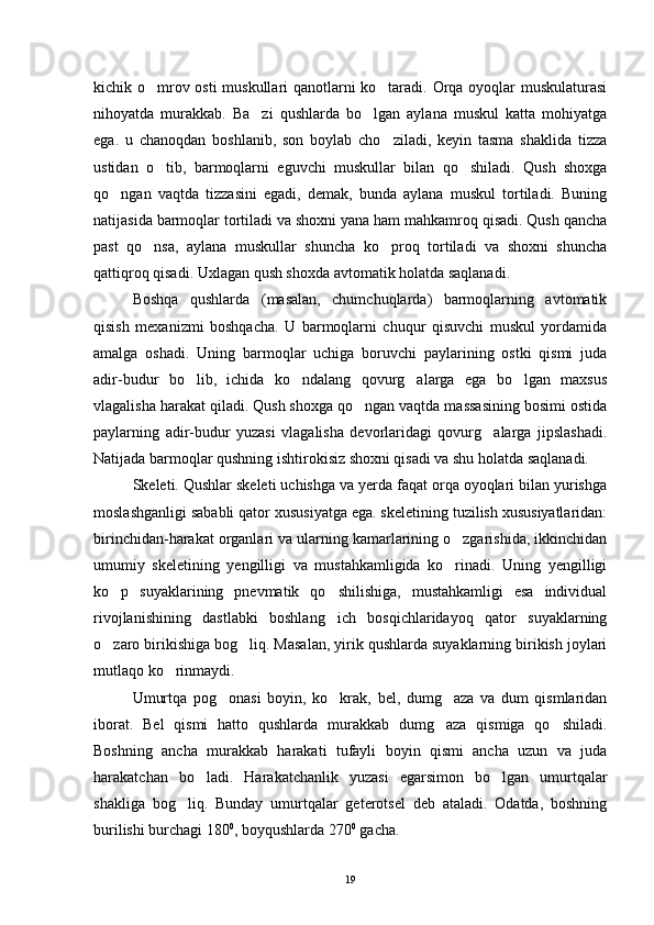 kichik o mrov osti  muskullari qanotlarni ko taradi. Orqa oyoqlar muskulaturasi 
nihoyatda   murakkab.   Ba zi   qushlarda   bo lgan   aylana   muskul   katta   mohiyatga	
 
ega.   u   chanoqdan   boshlanib,   son   boylab   cho ziladi,   keyin   tasma   shaklida   tizza	

ustidan   o tib,   barmoqlarni   eguvchi   muskullar   bilan   qo shiladi.   Qush   shoxga	
 
qo ngan   vaqtda   tizzasini   egadi,   demak,   bunda   aylana   muskul   tortiladi.   Buning	

natijasida barmoqlar tortiladi va shoxni yana ham mahkamroq qisadi. Qush qancha
past   qo nsa,   aylana   muskullar   shuncha   ko proq   tortiladi   va   shoxni   shuncha	
 
qattiqroq qisadi. Uxlagan qush shoxda avtomatik holatda saqlanadi.
Boshqa   qushlarda   (masalan,   chumchuqlarda)   barmoqlarning   avtomatik
qisish   mexanizmi   boshqacha.   U   barmoqlarni   chuqur   qisuvchi   muskul   yordamida
amalga   oshadi.   Uning   barmoqlar   uchiga   boruvchi   paylarining   ostki   qismi   juda
adir-budur   bo lib,   ichida   ko ndalang   qovurg alarga   ega   bo lgan   maxsus	
   
vlagalisha harakat qiladi. Qush shoxga qo ngan vaqtda massasining bosimi ostida	

paylarning   adir-budur   yuzasi   vlagalisha   devorlaridagi   qovurg alarga   jipslashadi.	

Natijada barmoqlar qushning ishtirokisiz shoxni qisadi va shu holatda saqlanadi.
Skeleti. Qushlar skeleti uchishga va yerda faqat orqa oyoqlari bilan yurishga
moslashganligi sababli qator xususiyatga ega. skeletining tuzilish xususiyatlaridan:
birinchidan-harakat organlari va ularning kamarlarining o zgarishida, ikkinchidan	

umumiy   skeletining   yengilligi   va   mustahkamligida   ko rinadi.   Uning   yengilligi

ko p   suyaklarining   pnevmatik   qo shilishiga,   mustahkamligi   esa   individual	
 
rivojlanishining   dastlabki   boshlang ich   bosqichlaridayoq   qator   suyaklarning	

o zaro birikishiga bog liq. Masalan, yirik qushlarda suyaklarning birikish joylari	
 
mutlaqo ko rinmaydi.	

Umurtqa   pog onasi   boyin,   ko krak,   bel,   dumg aza   va   dum   qismlaridan	
  
iborat.   Bel   qismi   hatto   qushlarda   murakkab   dumg aza   qismiga   qo shiladi.	
 
Boshning   ancha   murakkab   harakati   tufayli   boyin   qismi   ancha   uzun   va   juda
harakatchan   bo ladi.   Harakatchanlik   yuzasi   egarsimon   bo lgan   umurtqalar	
 
shakliga   bog liq.   Bunday   umurtqalar   geterotsel   deb   ataladi.   Odatda,   boshning	

burilishi burchagi 180 0
, boyqushlarda 270 0
 gacha.
19 