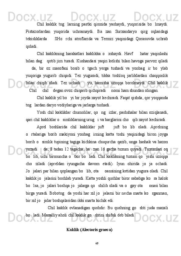 Chil   kaklik   tog larning   pastki   qismida   yashaydi,   yuqorisida   bo lmaydi. 
Pistazorlardan   yuqorida   uchramaydi.   Ba zan   Surxandaryo   qirg oqlaridagi	
 
tekisliklarda     SHo rchi   atroflarida   va   Termiz   yaqinidagi   Qorasuvda   uchrab	
 
qoladi. 
Chil   kaklikning   harakatlari   kaklikka   o xshaydi.   Havf     hatar   yaqinlashi	
 
bilan dag  qotib jim turadi. Kushandasi  yaqin kelishi bilan havoga parvoz qiladi	

  da,   bir   oz   masofani   bosib   o tgach   yerga   tushadi   va   yonbag ir   bo ylab	
   
yuqoriga   yugurib   chiqadi.   Tez   yuguradi,   tikka   toshloq   jarliklardan   chaqqonlik
bilan   chiqib   oladi.   Tez   uchadi     yu,   hamisha   uzoqqa   borolmaydi.   Chil   kaklik	

Chil   chil  degan ovoz chiqarib qichqiradi   nomi ham shundan olingan. 	
   
Chil kaklik yil bo yi bir joyda xayot kechiradi. Faqat qishda, qor yoqqanda	

tog lardan daryo vodiylariga va jarlarga tushadi. 	

Yosh   chil   kakliklar   chumolilar,   qo ng izlar,   pashshalar   bilan   oziqlanadi,	
 
qari chil kakliklar o simliklarning urug i va barglarini cho qib xayot kechiradi. 	
  
Aprel   boshlarida   chil   kakliklar   juft     juft   bo lib   oladi.   Aprelning	
 
o rtalariga   borib   makiyoni   yonbag irning   katta   toshi   yaqinidagi   biron   joyga	
 
borib   o simlik   tupining   tagiga   kichkina   chuqurcha   qazib,   unga   hashak   va   hazon	

yozadi    da, 8 tadan 12 tagacha,  ba zan  16 gacha tuxum  quyadi. Tuxumlari  oq
 
bo lib, uchi birmuncha o tkir bo ladi. Chil kaklikning tuxum qo yishi uzoqqa	
   
cho ziladi   (apreldan   iyungacha   davom   etadi).   Iyun   ohirida   jo ja   ochadi.
 
Jo jalari par bilan qoplangan bo lib, ota   oansining ketidan yugura oladi. Chil
  
kaklik jo jalarini boshlab yuradi. Katta yoshli qushlar biror sababga ko ra halok	
 
bo lsa, jo jalari boshqa jo jalarga qo shilib oladi va o gay ota   onasi bilan	
     
birga yuradi. Bobotog da yoshi  har xil jo jalarni  bir necha marta ko rganman,	
  
bir xil jo jalar boshqalaridan ikki marta kichik edi. 	

            Chil   kaklik   ovlanadigan   qushdir.   Bu   qushning   go shti   juda   mazali	

bo ladi. Maxalliy aholi chil kaklik go shtini shifoli deb biladi. 	
 
                            Kaklik (Alectoris graeca)
49 