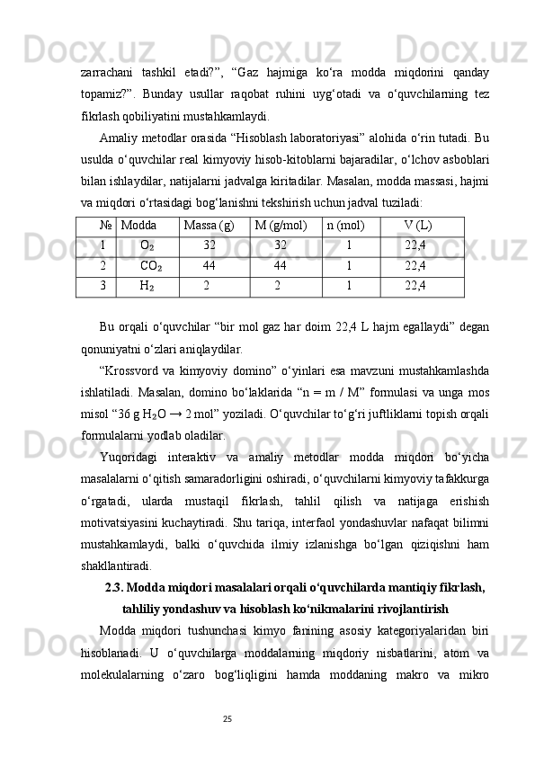 25zarrachani   tashkil   etadi?”,   “Gaz   hajmiga   ko‘ra   modda   miqdorini   qanday
topamiz?”.   Bunday   usullar   raqobat   ruhini   uyg‘otadi   va   o‘quvchilarning   tez
fikrlash qobiliyatini mustahkamlaydi.
Amaliy metodlar orasida “Hisoblash laboratoriyasi” alohida o‘rin tutadi. Bu
usulda o‘quvchilar real kimyoviy hisob-kitoblarni bajaradilar, o‘lchov asboblari
bilan ishlaydilar, natijalarni jadvalga kiritadilar. Masalan, modda massasi, hajmi
va miqdori o‘rtasidagi bog‘lanishni tekshirish uchun jadval tuziladi:
№ Modda Massa (g) M (g/mol) n (mol) V (L)
1 O₂ 32 32 1 22,4
2 CO
₂ 44 44 1 22,4
3 H
₂ 2 2 1 22,4
Bu orqali  o‘quvchilar  “bir  mol gaz har doim  22,4 L hajm  egallaydi” degan
qonuniyatni o‘zlari aniqlaydilar.
“Krossvord   va   kimyoviy   domino”   o‘yinlari   esa   mavzuni   mustahkamlashda
ishlatiladi.   Masalan,   domino   bo‘laklarida   “n   =   m   /   M”   formulasi   va   unga   mos
misol “36 g H O → 2 mol” yoziladi. O‘quvchilar to‘g‘ri juftliklarni topish orqali
₂
formulalarni yodlab oladilar.
Yuqoridagi   interaktiv   va   amaliy   metodlar   modda   miqdori   bo‘yicha
masalalarni o‘qitish samaradorligini oshiradi, o‘quvchilarni kimyoviy tafakkurga
o‘rgatadi,   ularda   mustaqil   fikrlash,   tahlil   qilish   va   natijaga   erishish
motivatsiyasini  kuchaytiradi. Shu tariqa, interfaol  yondashuvlar  nafaqat  bilimni
mustahkamlaydi,   balki   o‘quvchida   ilmiy   izlanishga   bo‘lgan   qiziqishni   ham
shakllantiradi.
2.3. Modda miqdori masalalari orqali o‘quvchilarda mantiqiy fikrlash,
tahliliy yondashuv va hisoblash ko‘nikmalarini rivojlantirish
Modda   miqdori   tushunchasi   kimyo   fanining   asosiy   kategoriyalaridan   biri
hisoblanadi.   U   o‘quvchilarga   moddalarning   miqdoriy   nisbatlarini,   atom   va
molekulalarning   o‘zaro   bog‘liqligini   hamda   moddaning   makro   va   mikro 