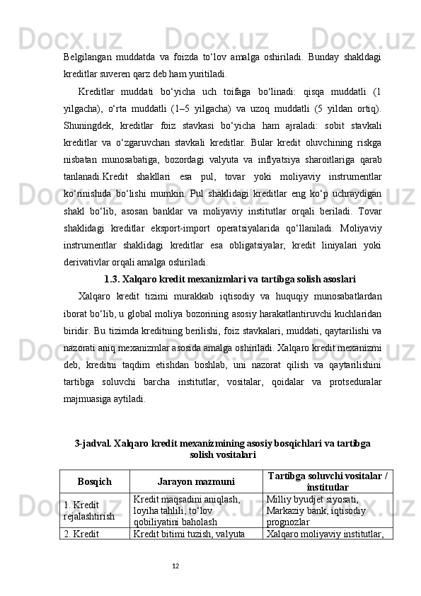 12Belgilangan   muddatda   va   foizda   to‘lov   amalga   oshiriladi.   Bunday   shakldagi
kreditlar suveren qarz deb ham yuritiladi.
Kreditlar   muddati   bo‘yicha   uch   toifaga   bo‘linadi:   qisqa   muddatli   (1
yilgacha),   o‘rta   muddatli   (1–5   yilgacha)   va   uzoq   muddatli   (5   yildan   ortiq).
Shuningdek,   kreditlar   foiz   stavkasi   bo‘yicha   ham   ajraladi:   sobit   stavkali
kreditlar   va   o‘zgaruvchan   stavkali   kreditlar.   Bular   kredit   oluvchining   riskga
nisbatan   munosabatiga,   bozordagi   valyuta   va   inflyatsiya   sharoitlariga   qarab
tanlanadi.Kredit   shakllari   esa   pul,   tovar   yoki   moliyaviy   instrumentlar
ko‘rinishida   bo‘lishi   mumkin.   Pul   shaklidagi   kreditlar   eng   ko‘p   uchraydigan
shakl   bo‘lib,   asosan   banklar   va   moliyaviy   institutlar   orqali   beriladi.   Tovar
shaklidagi   kreditlar   eksport-import   operatsiyalarida   qo‘llaniladi.   Moliyaviy
instrumentlar   shaklidagi   kreditlar   esa   obligatsiyalar,   kredit   liniyalari   yoki
derivativlar orqali amalga oshiriladi.
1.3. Xalqaro kredit mexanizmlari va tartibga solish asoslari
Xalqaro   kredit   tizimi   murakkab   iqtisodiy   va   huquqiy   munosabatlardan
iborat bo‘lib, u global moliya bozorining asosiy harakatlantiruvchi kuchlaridan
biridir. Bu tizimda kreditning berilishi, foiz stavkalari, muddati, qaytarilishi va
nazorati aniq mexanizmlar asosida amalga oshiriladi. Xalqaro kredit mexanizmi
deb,   kreditni   taqdim   etishdan   boshlab,   uni   nazorat   qilish   va   qaytarilishini
tartibga   soluvchi   barcha   institutlar,   vositalar,   qoidalar   va   protseduralar
majmuasiga aytiladi.
3-jadval. Xalqaro kredit mexanizmining asosiy bosqichlari va tartibga
solish vositalari
Bosqich Jarayon mazmuni Tartibga soluvchi vositalar /
institutlar
1. Kredit 
rejalashtirish Kredit maqsadini aniqlash, 
loyiha tahlili, to‘lov 
qobiliyatini baholash Milliy byudjet siyosati, 
Markaziy bank, iqtisodiy 
prognozlar
2. Kredit  Kredit bitimi tuzish, valyuta  Xalqaro moliyaviy institutlar,  