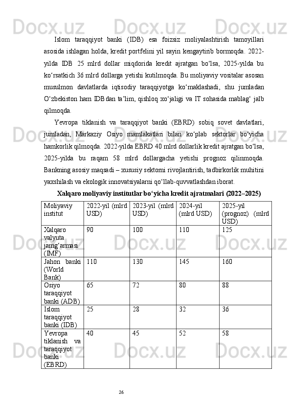 26Islom   taraqqiyot   banki   (IDB)   esa   foizsiz   moliyalashtirish   tamoyillari
asosida ishlagan holda, kredit portfelini yil sayin kengaytirib bormoqda. 2022-
yilda   IDB   25   mlrd   dollar   miqdorida   kredit   ajratgan   bo‘lsa,   2025-yilda   bu
ko‘rsatkich 36 mlrd dollarga yetishi kutilmoqda. Bu moliyaviy vositalar asosan
musulmon   davlatlarda   iqtisodiy   taraqqiyotga   ko‘maklashadi,   shu   jumladan
O‘zbekiston ham IDBdan ta’lim, qishloq xo‘jaligi va IT sohasida mablag‘ jalb
qilmoqda.
Yevropa   tiklanish   va   taraqqiyot   banki   (EBRD)   sobiq   sovet   davlatlari,
jumladan,   Markaziy   Osiyo   mamlakatlari   bilan   ko‘plab   sektorlar   bo‘yicha
hamkorlik qilmoqda. 2022-yilda EBRD 40 mlrd dollarlik kredit ajratgan bo‘lsa,
2025-yilda   bu   raqam   58   mlrd   dollargacha   yetishi   prognoz   qilinmoqda.
Bankning asosiy maqsadi – xususiy sektorni rivojlantirish, tadbirkorlik muhitini
yaxshilash va ekologik innovatsiyalarni qo‘llab-quvvatlashdan iborat.
Xalqaro moliyaviy institutlar bo‘yicha kredit ajratmalari (2022–2025)
Moliyaviy
institut 2022-yil (mlrd
USD) 2023-yil   (mlrd
USD) 2024-yil
(mlrd USD) 2025-yil
(prognoz)   (mlrd
USD)
Xalqaro
valyuta
jamg‘armasi
(IMF) 90 100 110 125
Jahon   banki
(World
Bank) 110 130 145 160
Osiyo
taraqqiyot
banki (ADB) 65 72 80 88
Islom
taraqqiyot
banki (IDB) 25 28 32 36
Yevropa
tiklanish   va
taraqqiyot
banki
(EBRD) 40 45 52 58 