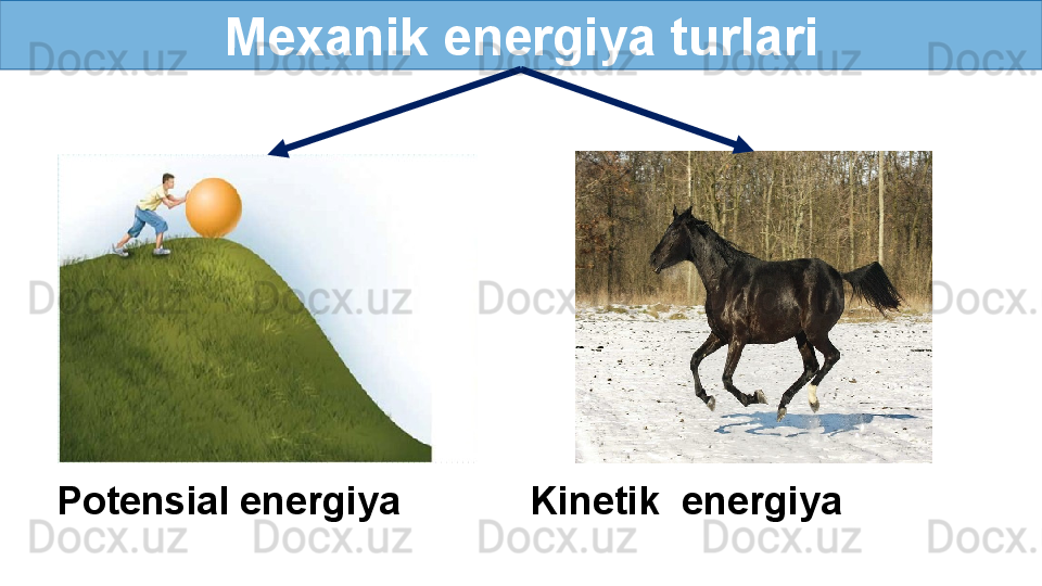 Mexanik energiya turlari
Potensial energiya Kinetik  energiya 