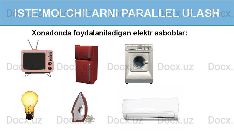 ISTE’MOLCHILARNI PARALLEL ULASH
Xonadonda foydalaniladigan elektr asboblar: