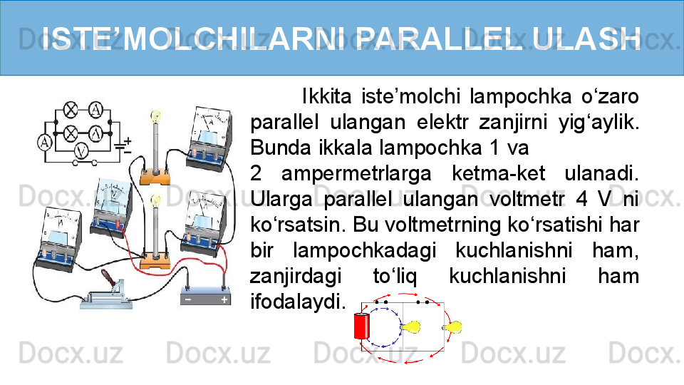 ISTE’MOLCHILARNI PARALLEL ULASH
            Ikkita  iste’molchi  lampochka  o ‘ zaro 
parallel  ulangan  elektr  zanjirni  yig ‘ aylik. 
Bunda ikkala lampochka 1 va                  
2  ampermetrlarga  ketma-ket  ulanadi. 
Ularga  parallel  ulangan  voltmetr  4  V  ni 
ko ‘ rsatsin. Bu voltmetrning ko ‘ rsatishi har 
bir  lampochkadagi  kuchlanishni  ham, 
zanjirdagi  to ‘ liq  kuchlanishni  ham 
ifodalaydi.    