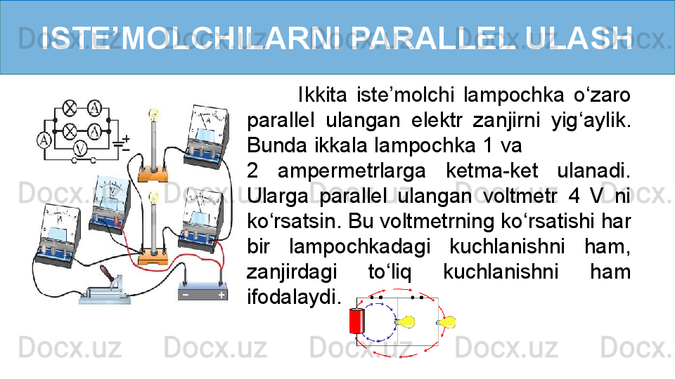 ISTE’MOLCHILARNI PARALLEL ULASH
            Ikkita  iste’molchi  lampochka  o ‘ zaro 
parallel  ulangan  elektr  zanjirni  yig ‘ aylik. 
Bunda ikkala lampochka 1 va                  
2  ampermetrlarga  ketma-ket  ulanadi. 
Ularga  parallel  ulangan  voltmetr  4  V  ni 
ko ‘ rsatsin. Bu voltmetrning ko ‘ rsatishi har 
bir  lampochkadagi  kuchlanishni  ham, 
zanjirdagi  to ‘ liq  kuchlanishni  ham 
ifodalaydi.