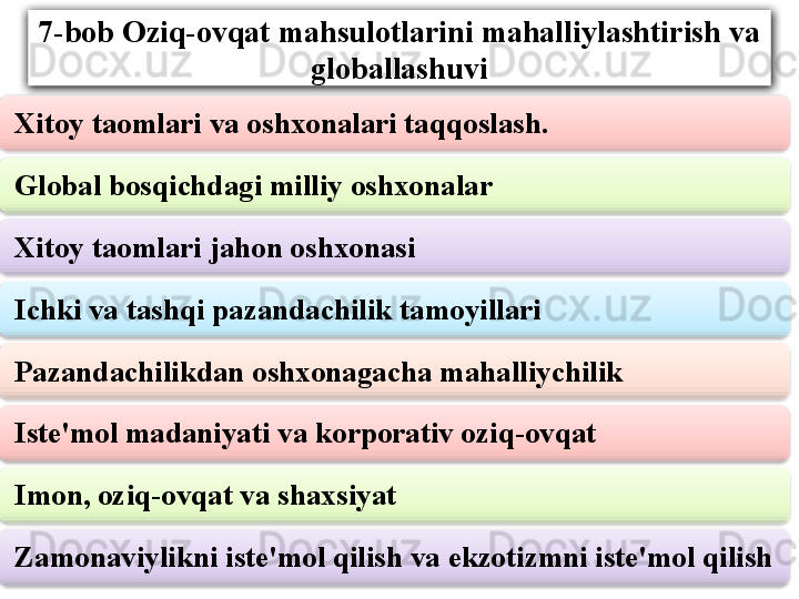 7-bob Oziq-ovqat mahsulotlarini mahalliylashtirish va 
globallashuvi
Xitoy taomlari va oshxonalari taqqoslash.
Global bosqichdagi milliy oshxonalar
Xitoy taomlari jahon oshxonasi 
Ichki va tashqi pazandachilik tamoyillari 
Pazandachilikdan oshxonagacha mahalliychilik 
Iste'mol madaniyati va korporativ oziq-ovqat 
Imon, oziq-ovqat va shaxsiyat 
Zamonaviylikni iste'mol qilish va ekzotizmni iste'mol qilish         