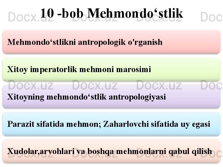 10 -bob Mehmondo‘stlik
Mehmondo‘stlikni antropologik o'rganish
Xitoy imperatorlik mehmoni marosimi
Xitoyning mehmondo‘stlik antropologiyasi
Parazit sifatida mehmon; Zaharlovchi sifatida uy egasi
Xudolar,arvohlari va boshqa mehmonlarni qabul qilish      