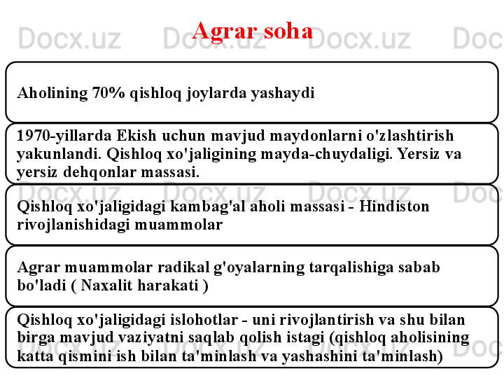 Agrar so ha
Aholining 70% qishloq joylarda yashaydi
1970-yillarda Ekish uchun mavjud maydonlarni o'zlashtirish 
yakunlandi. Qishloq xo'jaligining mayda-chuydaligi. Yersiz va 
yersiz dehqonlar massasi.
Qishloq xo'jaligidagi kambag'al aholi massasi - Hindiston 
rivojlanishidagi muammolar
Agrar muammolar radikal g'oyalarning tarqalishiga sabab 
bo'ladi ( Naxalit harakati )
Qishloq xo'jaligidagi islohotlar - uni rivojlantirish va shu bilan 
birga mavjud vaziyatni saqlab qolish istagi (qishloq aholisining 
katta qismini ish bilan ta'minlash va yashashini ta'minlash) 