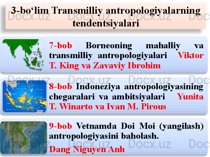 3-bo‘lim Transmilliy antropologiyalarning 
tendentsiyalari
7-bob   Borneoning  mahalliy  va 
transmilliy  antropologiyalari    Viktor 
T. King va Zavaviy Ibrohim
8-bob   Indoneziya  antropologiyasining 
chegaralari  va  ambitsiyalari      Yunita 
T. Winarto va Ivan M. Pirous
9-bob   Vetnamda  Doi  Moi  (yangilash) 
antropologiyasini baholash. 
Dang Niguyen Anh                       