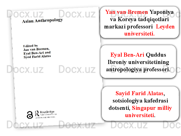 Yan van Bremen  Yaponiya 
va Koreya tadqiqotlari 
markazi professori   Leyden 
universiteti.
Eyal Ben-Ari  Quddus 
Ibroniy universitetining 
antropologiya professori.
Sayid Farid Alatas , 
sotsiologiya kafedrasi 
dotsenti,  Singapur milliy 
universiteti .  